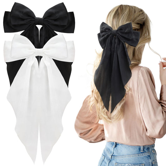 2Pcs Big Satin Layered Hair Bows for Women Girls 8 Inch Barrette Hair Clip Black White Large Long Bows French Style Hair Accessories (Black+White (satin))