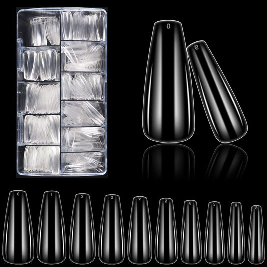 Acrylic Nail Tips French Nail Tips 500pcs Fake Nails Half Cover False Nail Tips 10 Sizes with Case for Nail Salons and Home DIY Nail Art (#1-Transparent)