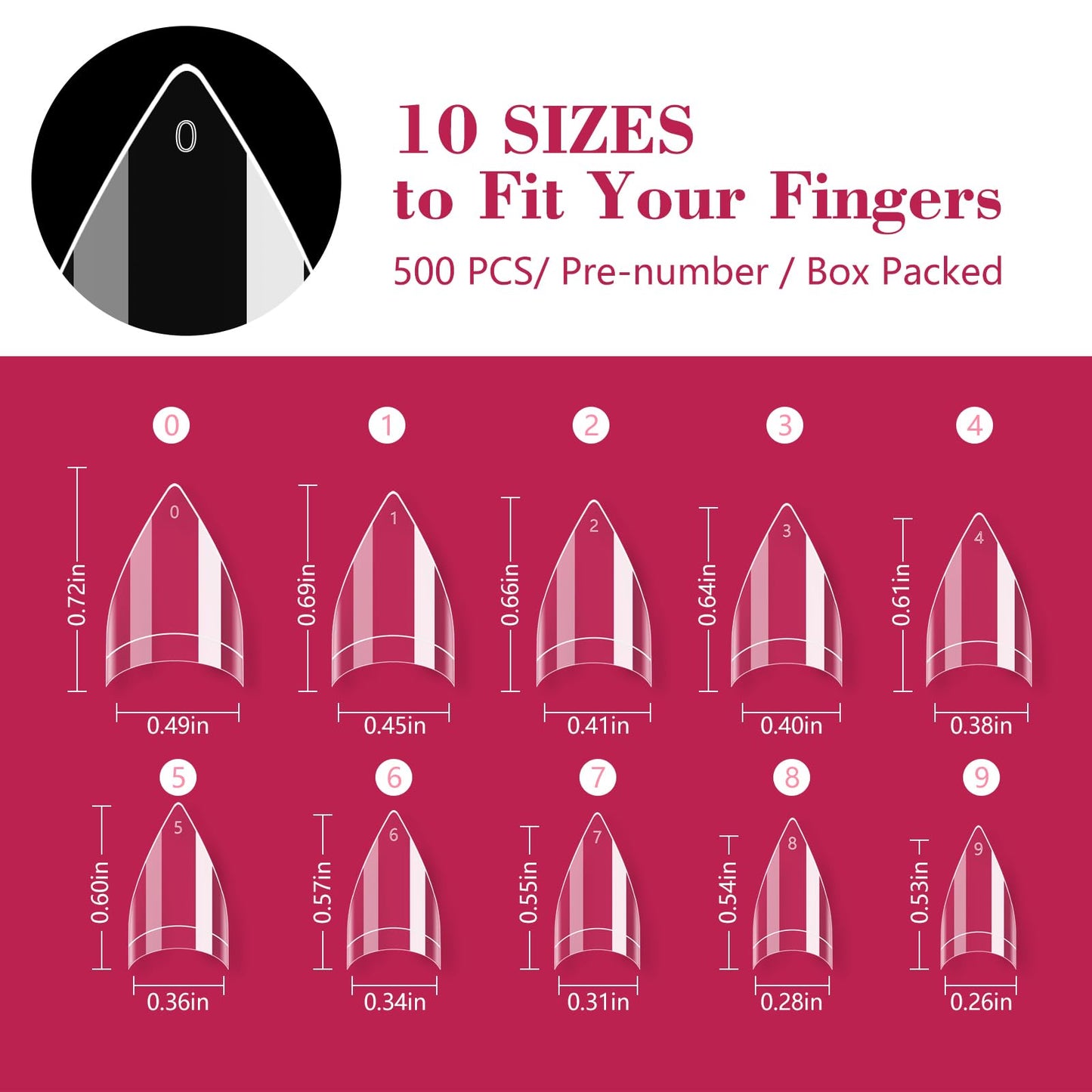 500PCS Short Stiletto Nail Tips for Acrylic Nails Professional, Extra Short Clear Stiletto Pointed French Nail Tips Artificial Nail Extension for Manicure Nail Salon Supplies DIY Home,10 Sizes