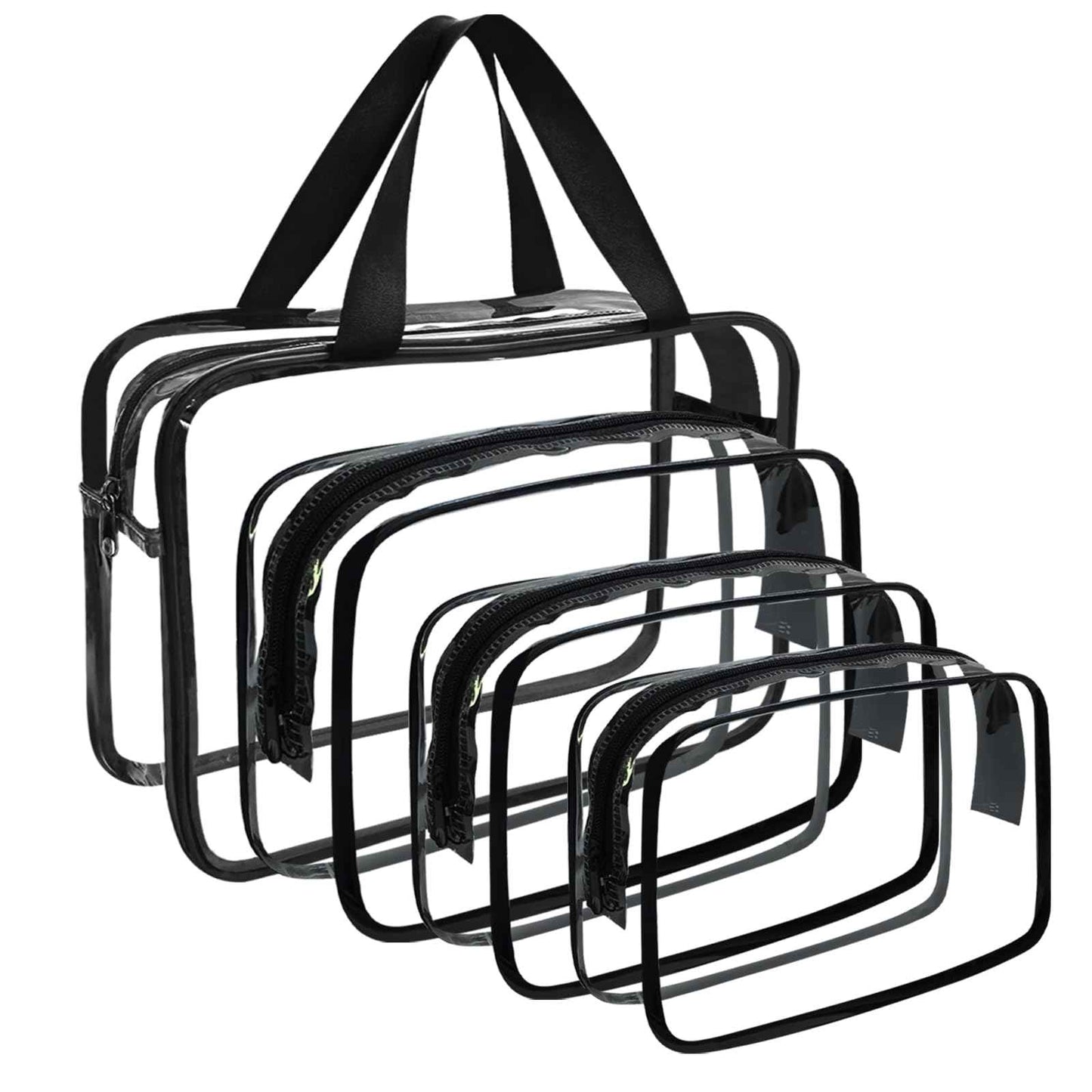 YOQIVEXU 4 Packs Large Clear Comestic Bag, Waterproof Clear Makeup Toiletry Organizer Pouch, Reusable PVC Plastic Storage Bags with Zipper for Travel (4, Black)