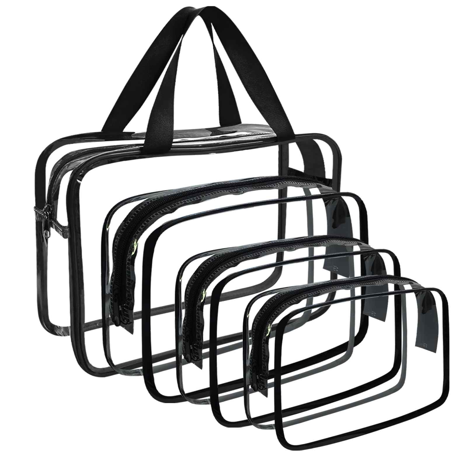 YOQIVEXU 4 Packs Large Clear Comestic Bag, Waterproof Clear Makeup Toiletry Organizer Pouch, Reusable PVC Plastic Storage Bags with Zipper for Travel (4, Black)