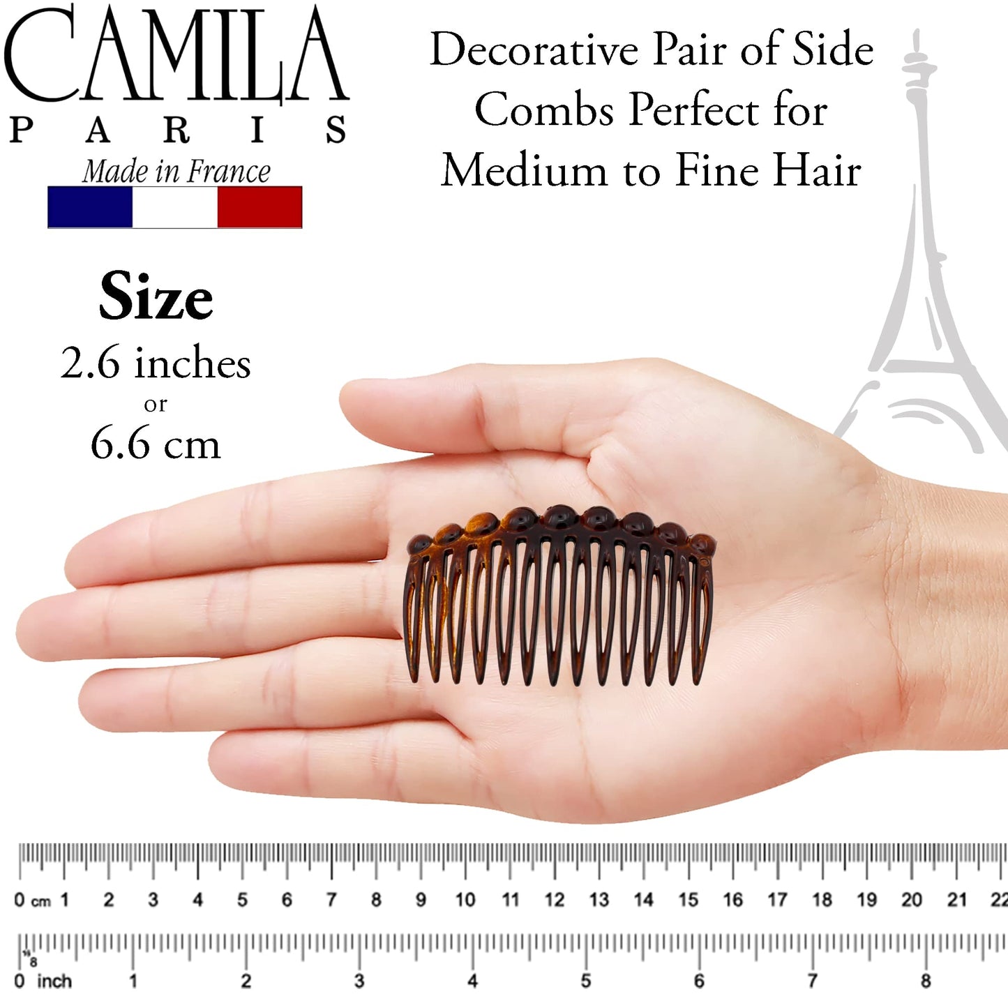 Camila Paris CP33/2 French Hair Side Comb Small Tortoise Shell French Twist Hair Combs Decorative, Strong Hold Hair Clips for Women Bun Chignon Up-Do Styling Girls Hair Accessories, Made in France