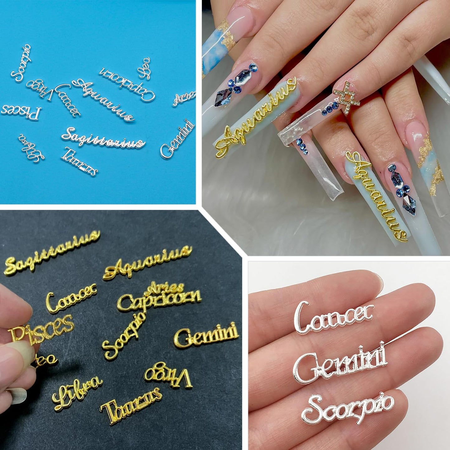 SILPECWEE 36pcs Zodiac Nail Charms 3d Gold Silver Zodiac Sign Nail Letters Flat Back Nail Rhinestones Crystal Diamond Constellation Nail Jewels Studs Alloy Nail Art Decoration