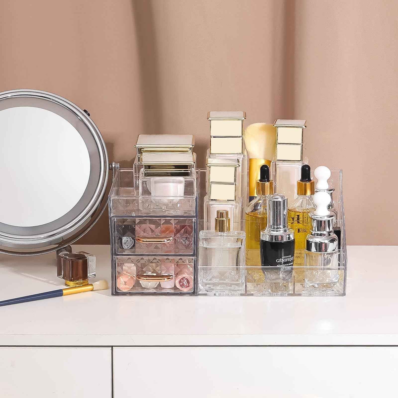 Clear Makeup Organizer for Vanity,Desk Makeup Caddy With Drawers for Cosmetics,Lipsticks Nail Care Skincare Jewelry Countertop Organizers,Cosmetic Display Cases for Bathroom, Dresser (Clear)
