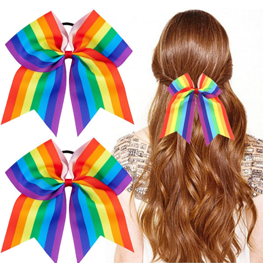 DIUEWOW Rainbow Cheer Leading Bow - 2PCS Hair Ties with Elastic Ponytail Holder Bow Hair Tie Band Hair Accessories for School Girls Women Gay Pride Day Outfit