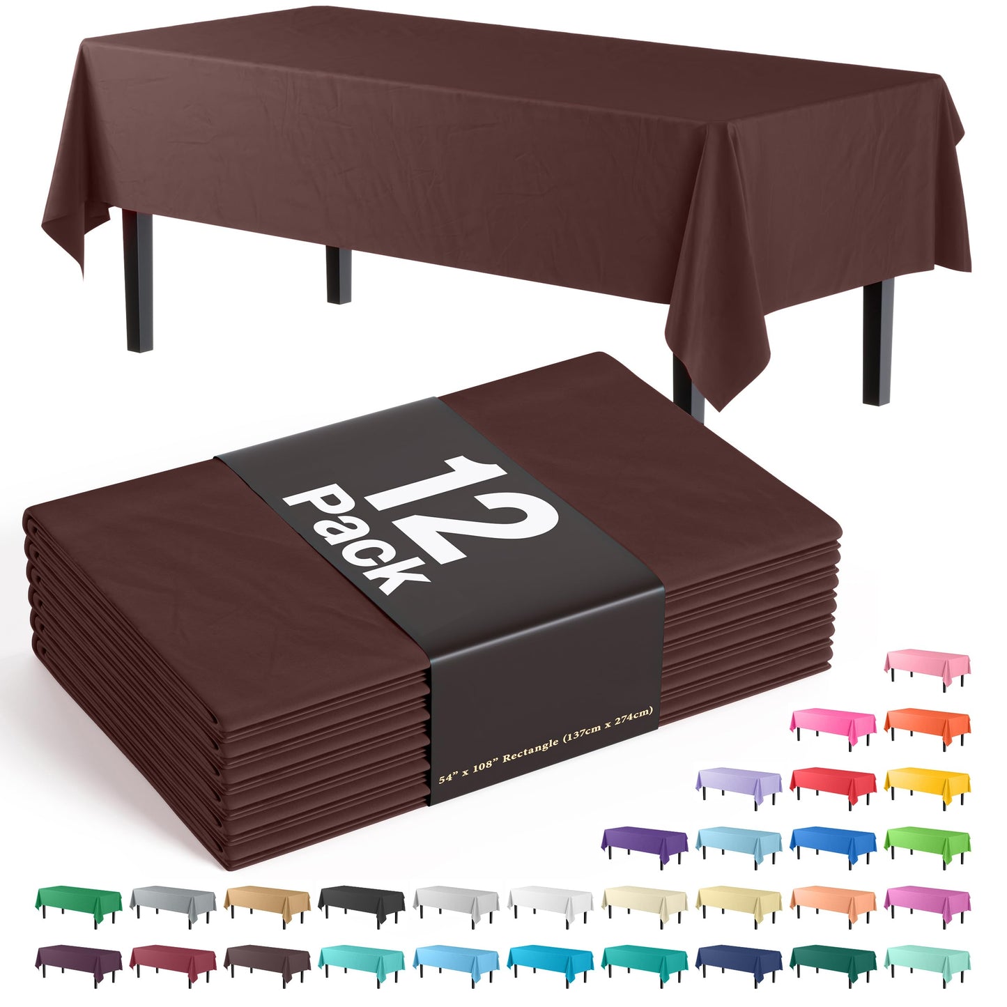 Exquisite 12-Pack Premium Plastic Tablecloth 54in. x 108in. Rectangle Table Cover - Brown