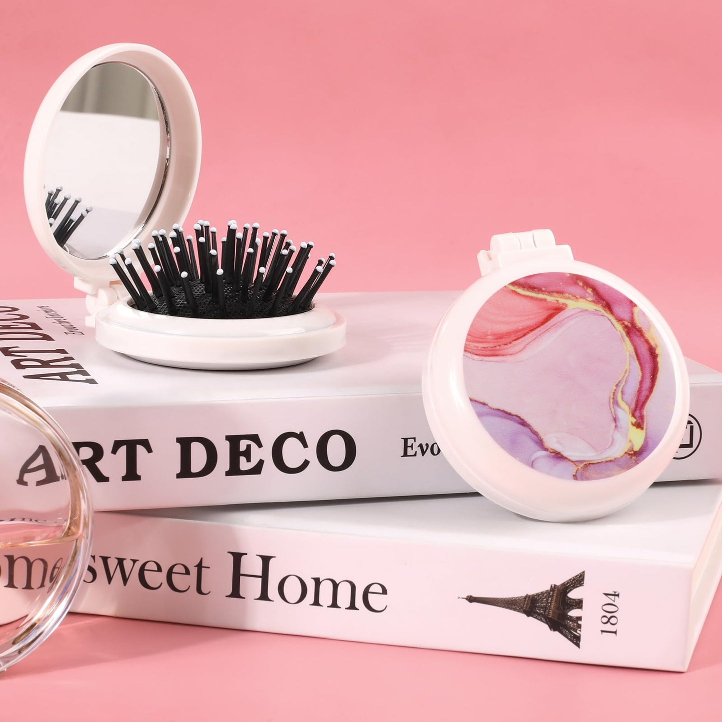 Mengduxd Mini Hairbrush, Collapsible Pocket Hairbrush with Mirror, Portable Hairbrush, Women Travel Small Hairbrush.Pink Marble