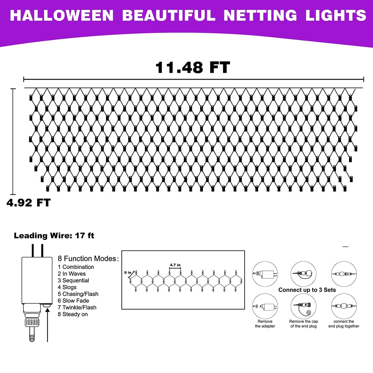 Dazzle Bright Halloween 360 LED Net Lights, 12FT x 5 FT Connectable Waterproof String Lights with 8 Modes, Halloween Decorations for Indoor Outdoor Party Yard Garden Decor, Purple & Orange