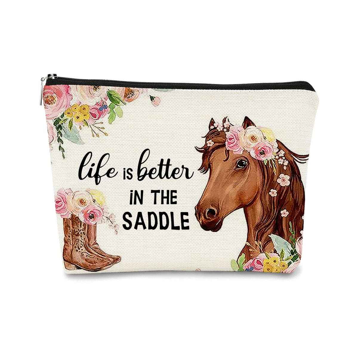 Western Horse Boots Flower Life is Better in the Saddle Funny Farmhouse Cosmetic Bag Makeup Bag Best Gift Idea for Horse Lovers Girls Women,Horse Owners Gifts,Birthday Christmas 's Day Gift