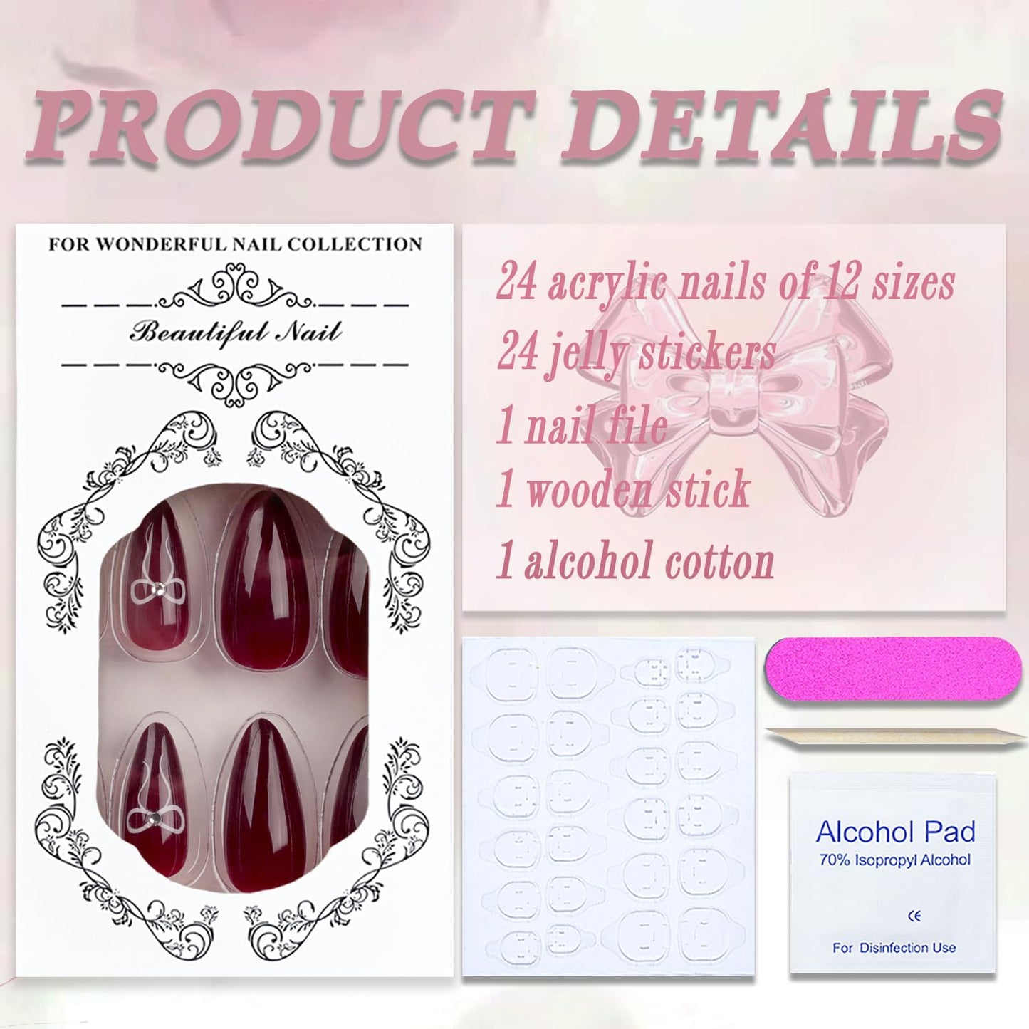 Wine Red Press on Nails Medium Almond Valentines Fake Nails Full Cover White Bow False Nails with Designs Glossy Glue on Nails Cute Acrylic Nails Manicure Artificial Nails for Women Girls 24Pcs