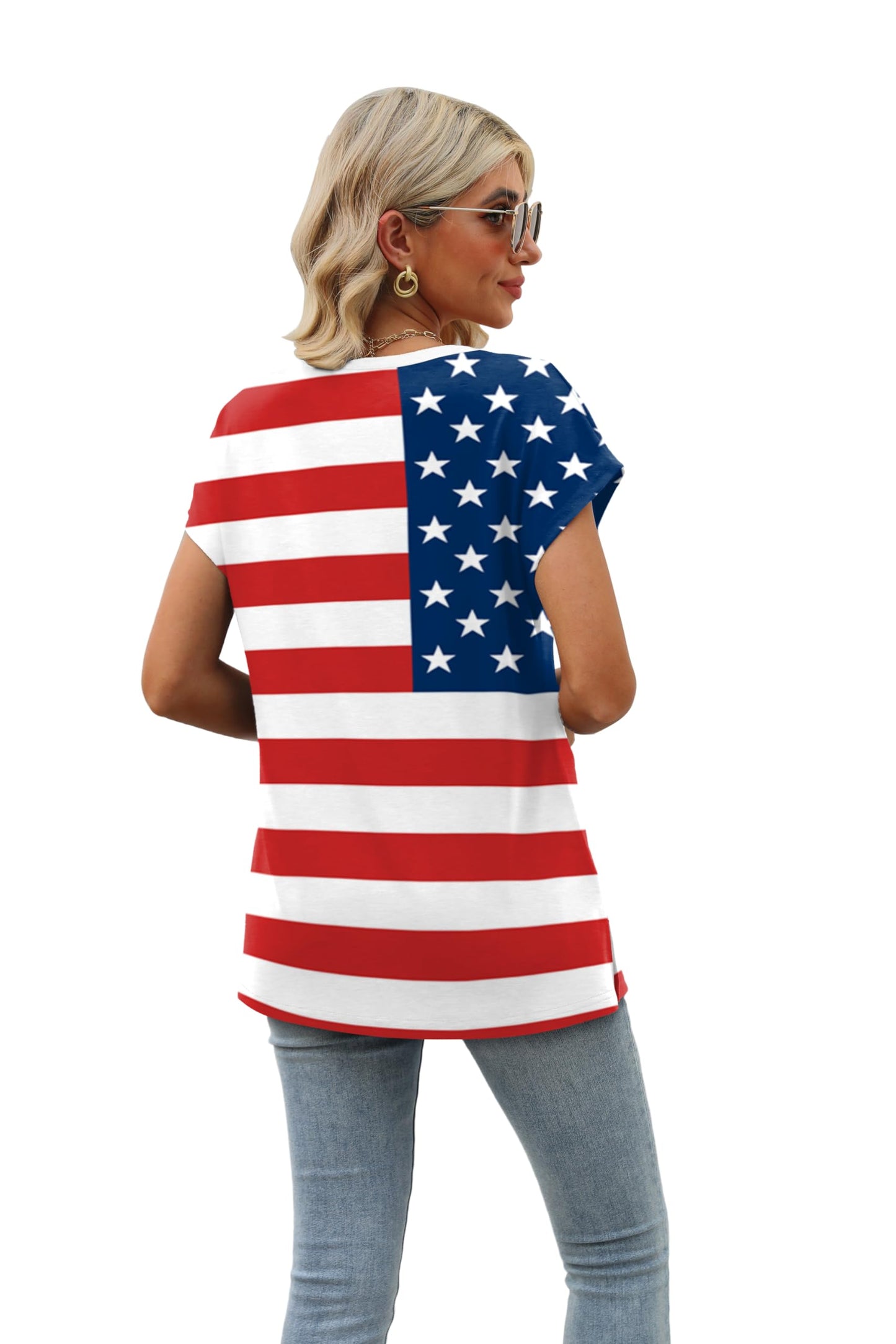 Stars and Stripes Shirts for Women Cap Sleeve Summer Tops Trendy Tank Tops V Neck Loose Fit Shirts S