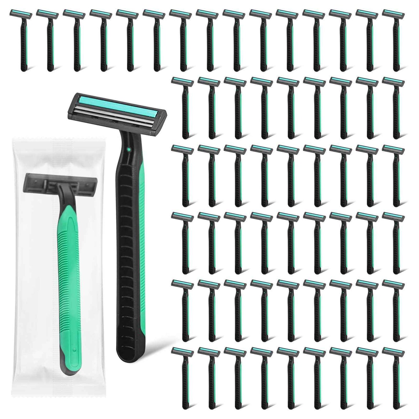 Fafortune Disposable Twin Blade Razors in Bulk, Individually Wrapped - Clear Safety Cap, For Homeless, Hotel, Airbnb, Travel (pack of 100,green)