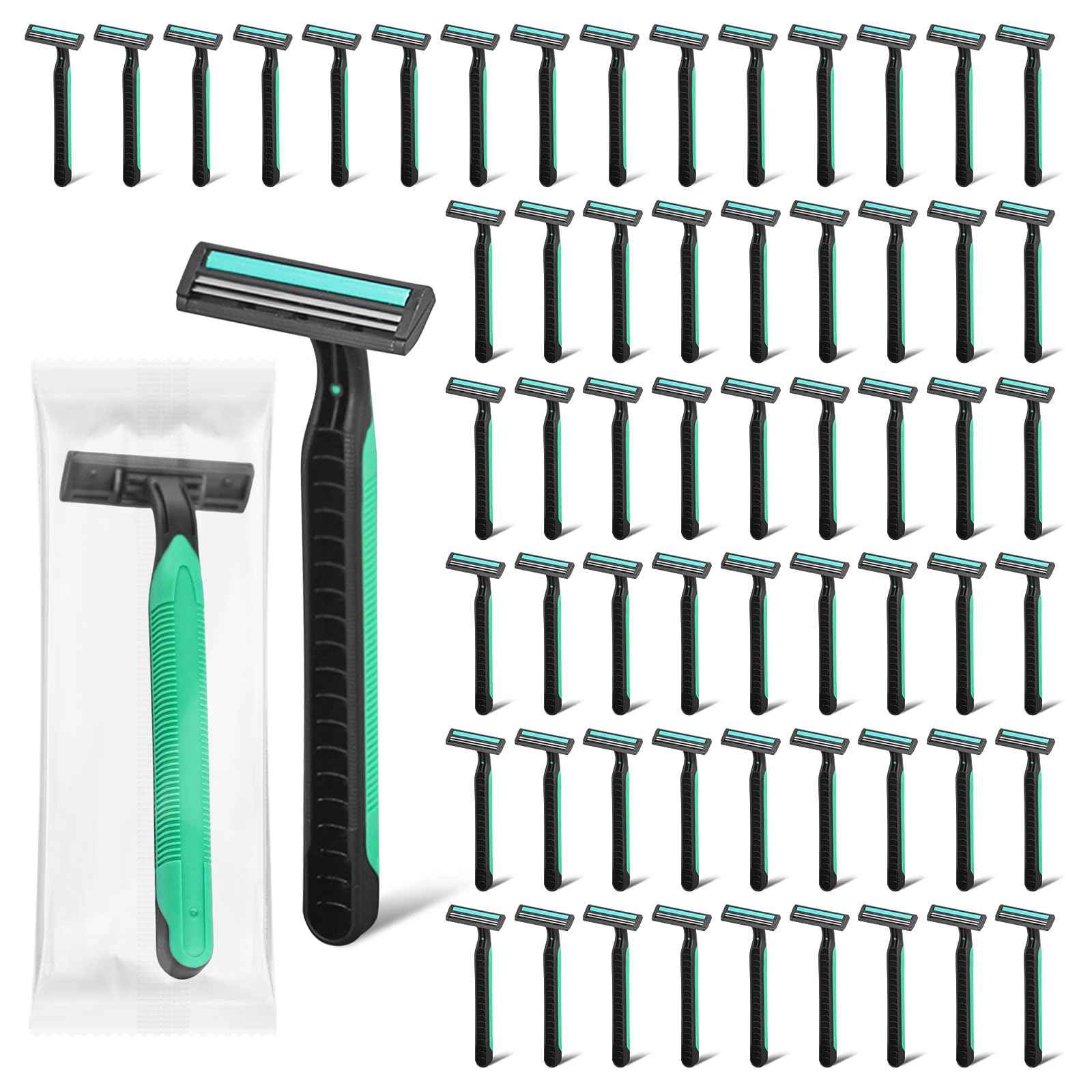 Fafortune Disposable Twin Blade Razors in Bulk, Individually Wrapped - Clear Safety Cap, For Homeless, Hotel, Airbnb, Travel (pack of 100,green)
