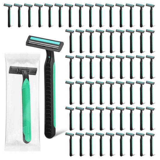 Fafortune Disposable Twin Blade Razors in Bulk, Individually Wrapped - Clear Safety Cap, For Homeless, Hotel, Airbnb, Travel (pack of 100,green)