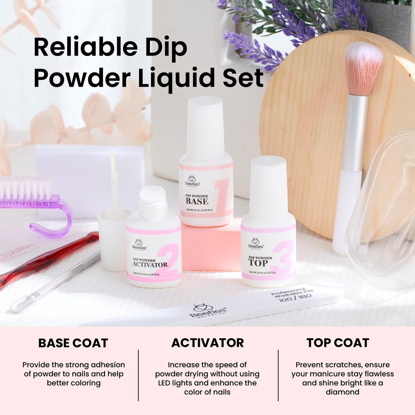 Beetles Dip Powder Nail Kit Nude Clear Dip Nails Powder Starter Kit with Base Top Coat Activator Powder Nail Dipping Kit for French Nail Art Manicure DIY Salon