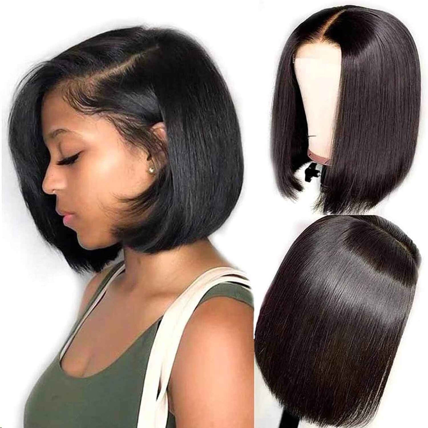 DYTJHMGL Short Bob Human Hair Wig - 250% Density Pre-Plucked Bone Straight HD Lace Front with Bleached Knots, 10 Inch