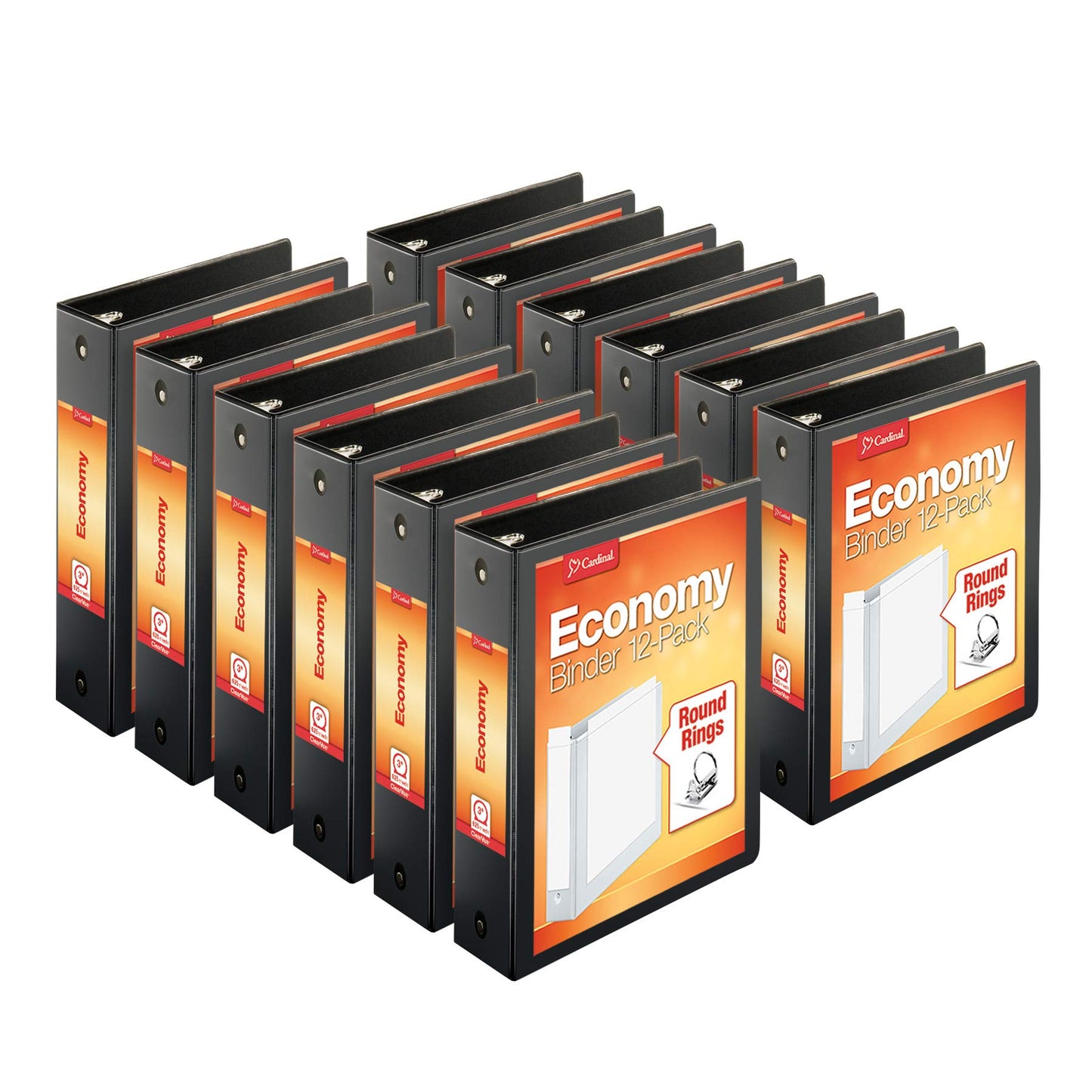 Cardinal Economy 3-Ring Binders, 3", Round Rings, Holds 625 Sheets, ClearVue Presentation View, Non-Stick, Black, Carton of 12 (90650) & Economy 3-Ring Binders, 4", Slant-D Rings, Holds 835 Sheets