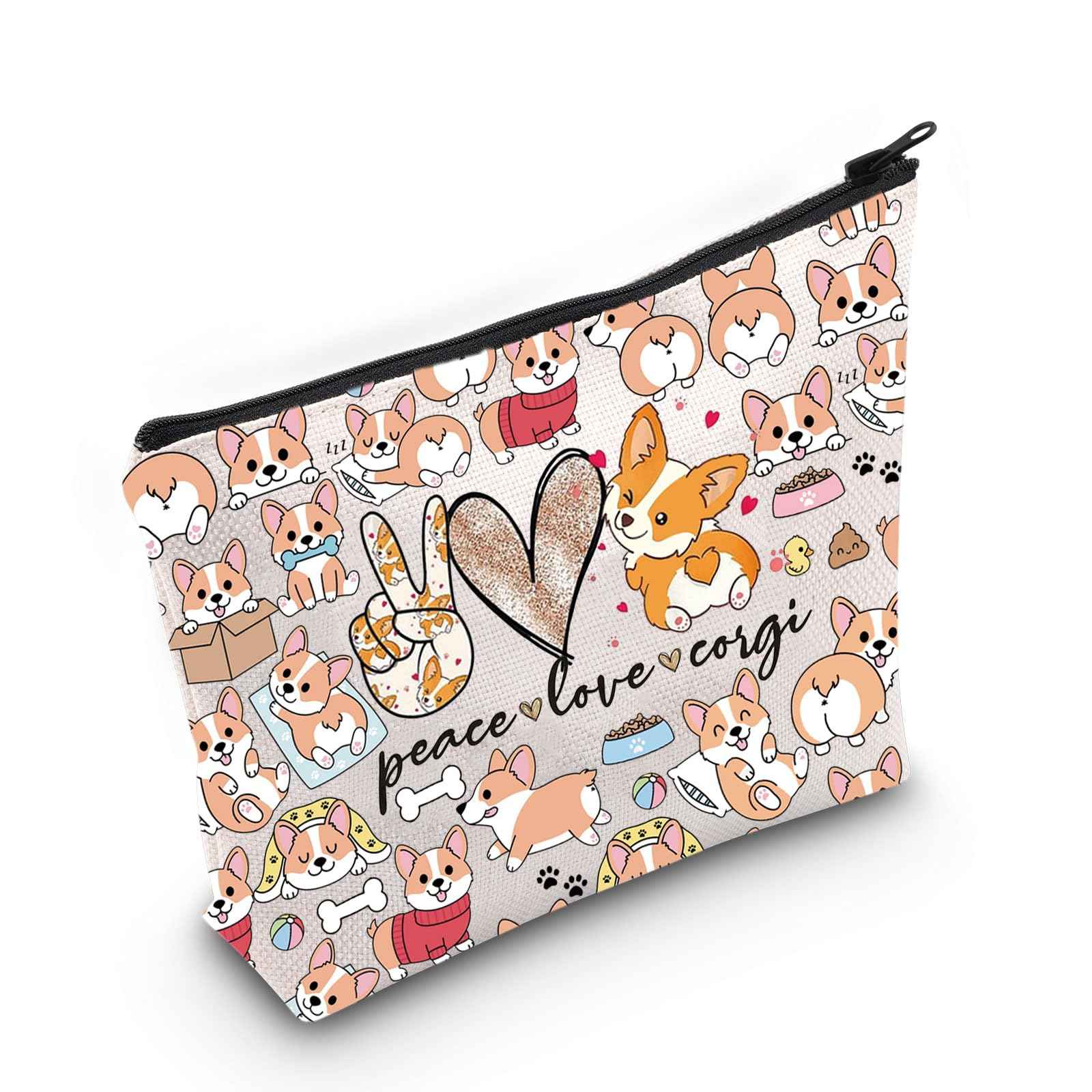 WZMPA Funny Corgi Cosmetic Bag Corgi Lovers Gift Peace Love Corgi Makeup Zipper Pouch Bag Dog Lover Gift (Peace Corgi F)