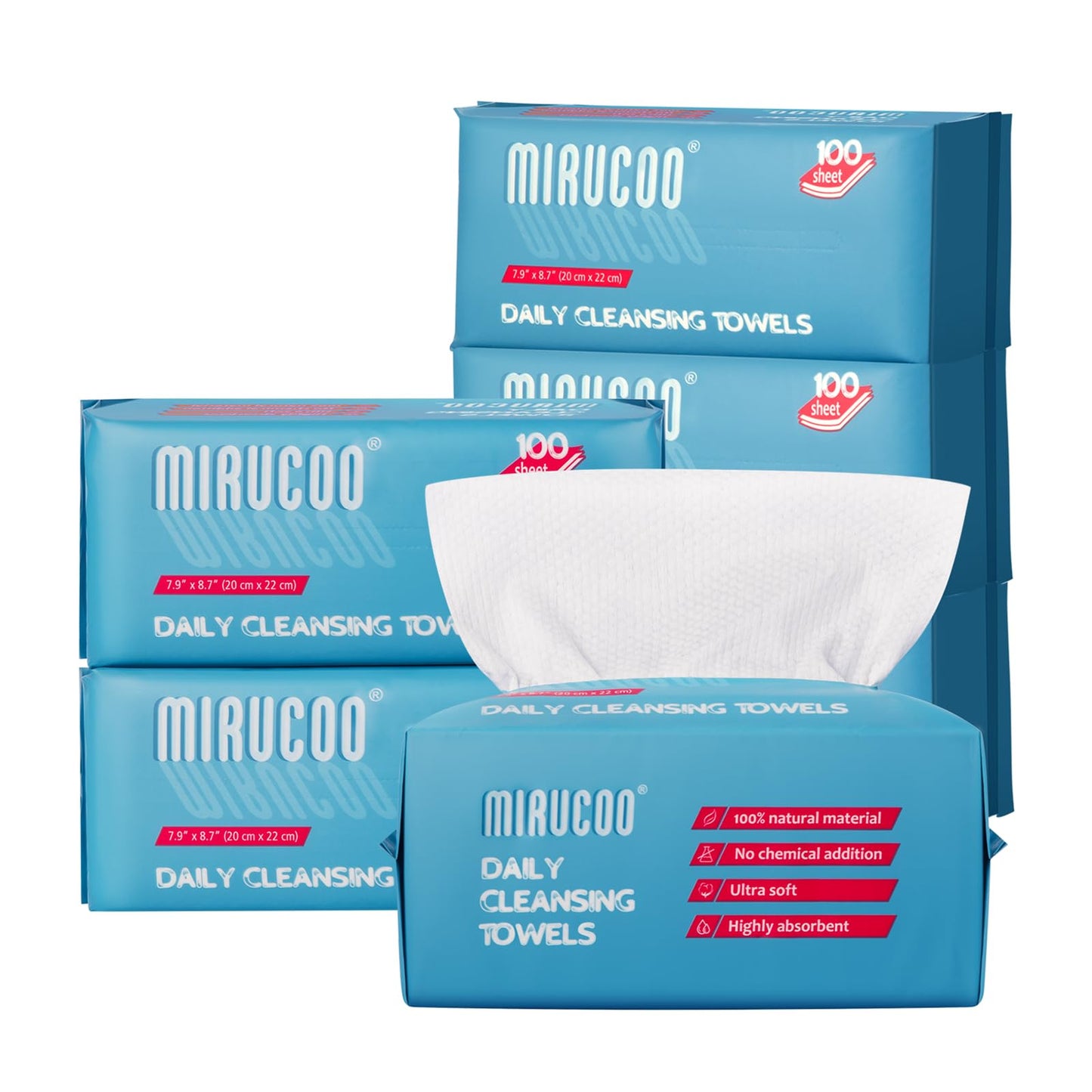 Mirucoo 100 Sheet Daily Cleansing Towels Ultra Soft Dry Wipes for Sensitive Skin Disposable Facial Washcloths 100% Organic Viscose Makeup Remover Tissues (Pack of 6)