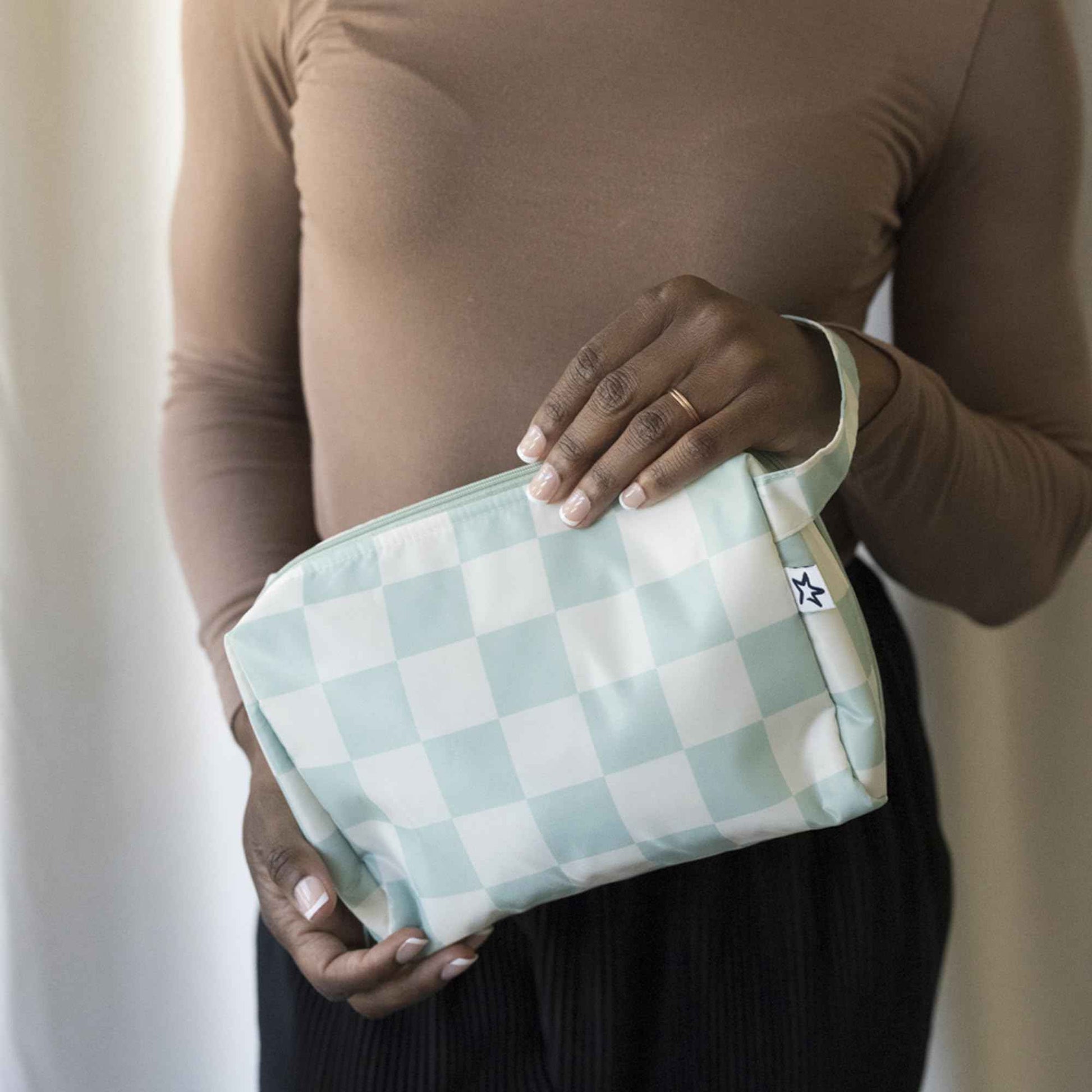 Tiny Twinkle Waterproof Travel Toiletry & Makeup Bag Organizer | Large Capacity Cosmetic Case with Compartments & Handle, A Thoughtful Travel Companion for Women（Sage Checkers