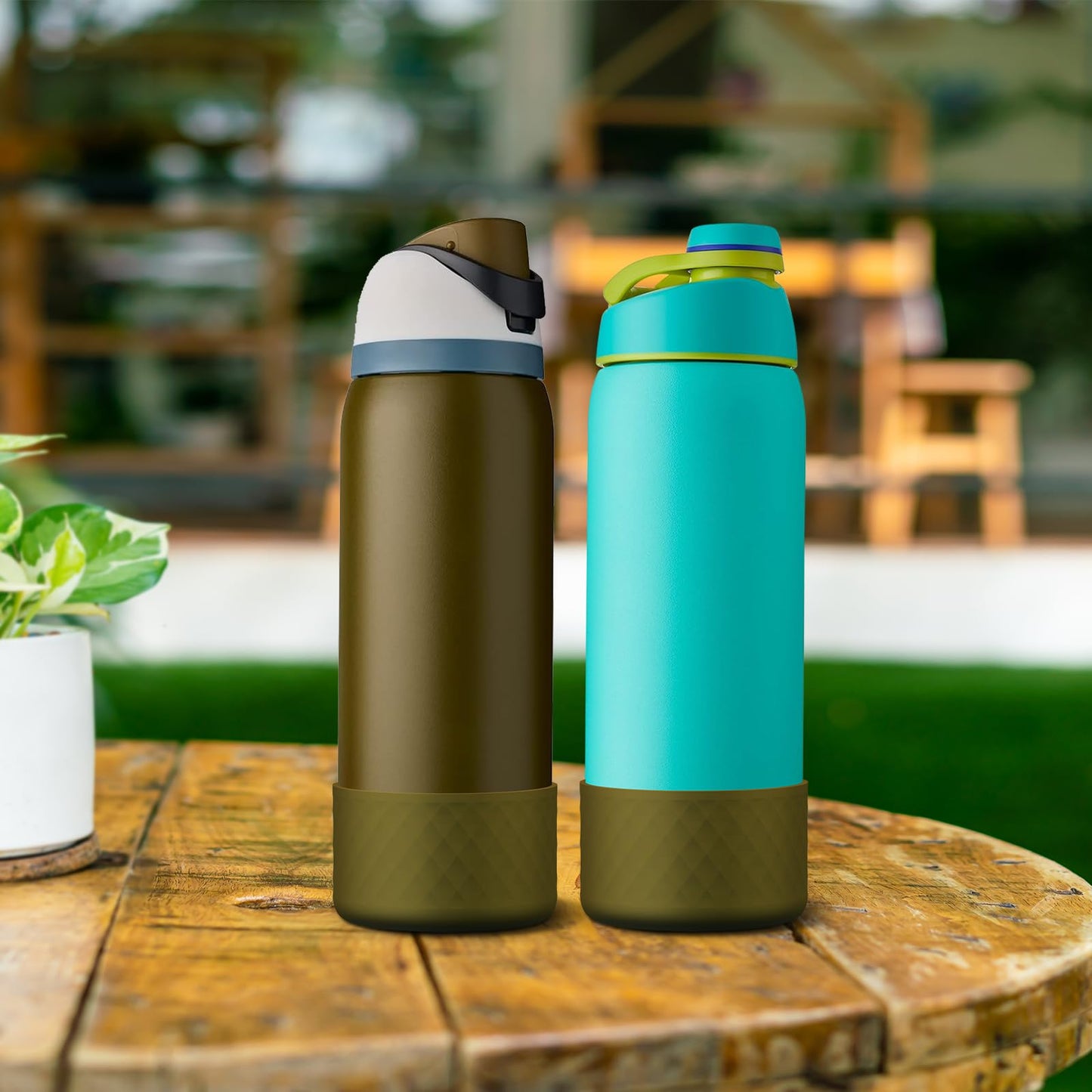 Alwenid 2PCS Silicone Water Bottle Boot for Owala 40 Oz, Anti-Slip Protective Sleeve Bottom Bumper Protector for FreeSip, Twist, and Flip Stainless Steel Water Bottles (Brown Green)