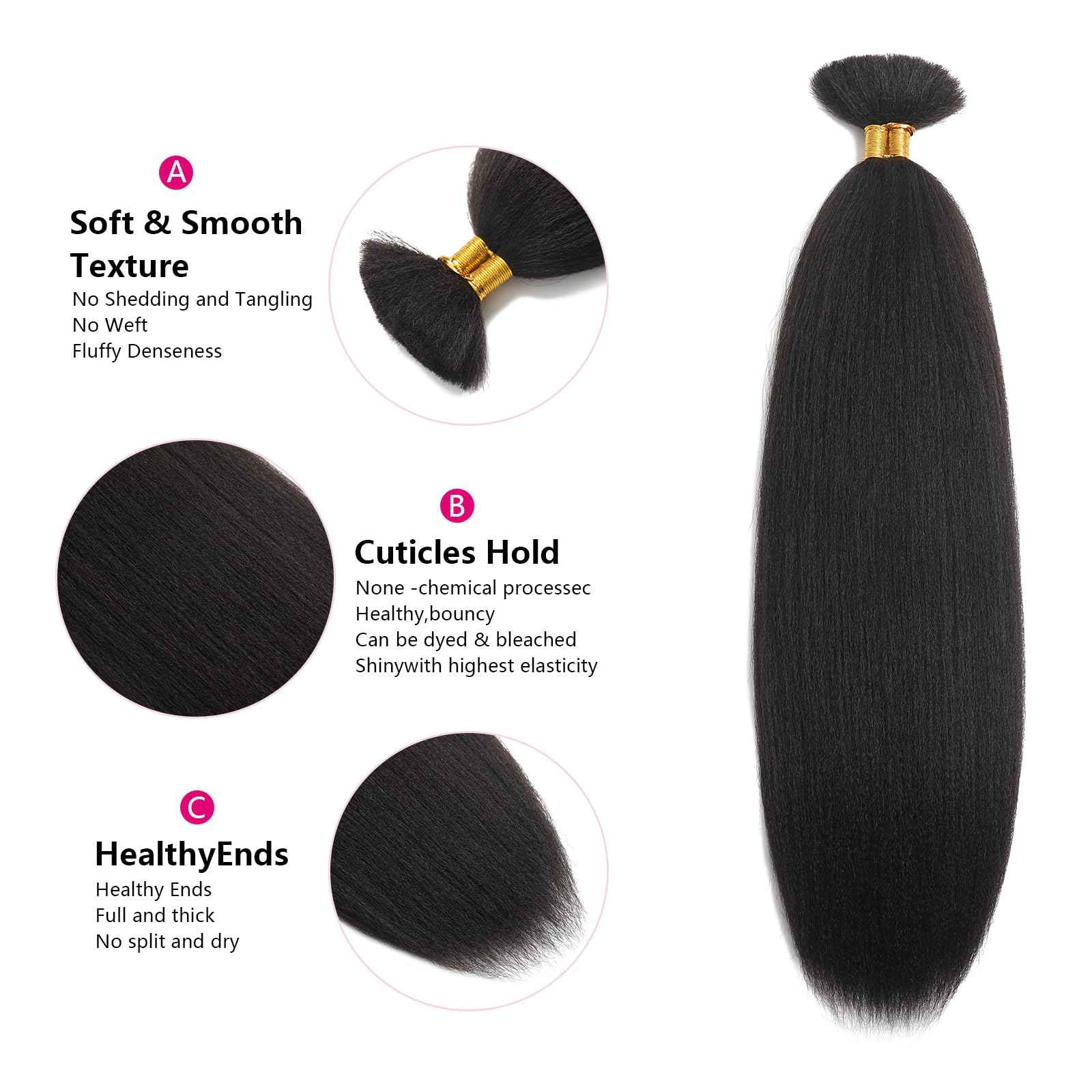 Human Braiding Hair for Boho Braids Human 100g 22 Inch Kinky Straight Bulk Human Hair Yaki Straight Bulk Hair Extensions for Black Women Bohemian 1 Bundles/Pack Natural Color