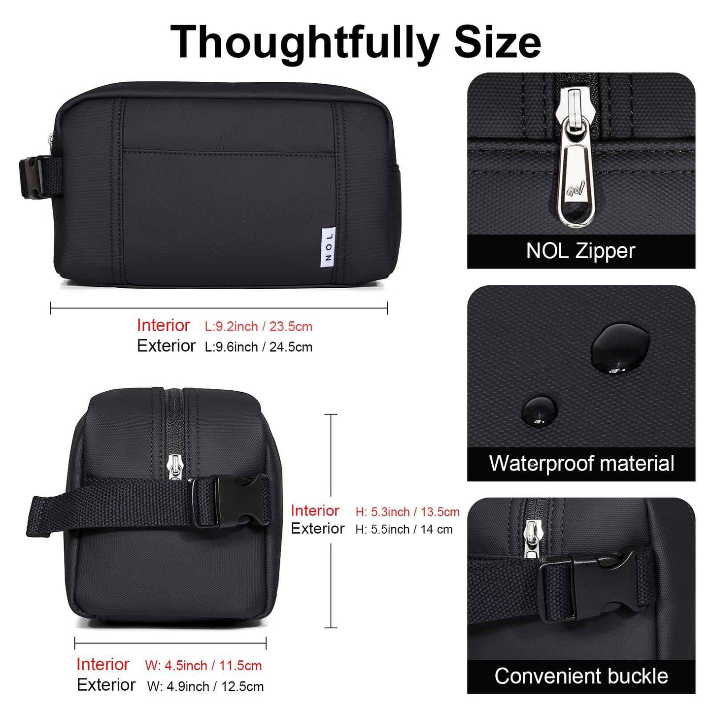 NOL Natural Organic Lifestyle Nylon Makeup Bag Lightweight Travel Toiletry Bag for Adults, Reusable, Zip Closure with Buckle Handle, Snack Bag, Travel Cosmetic Bag, Black