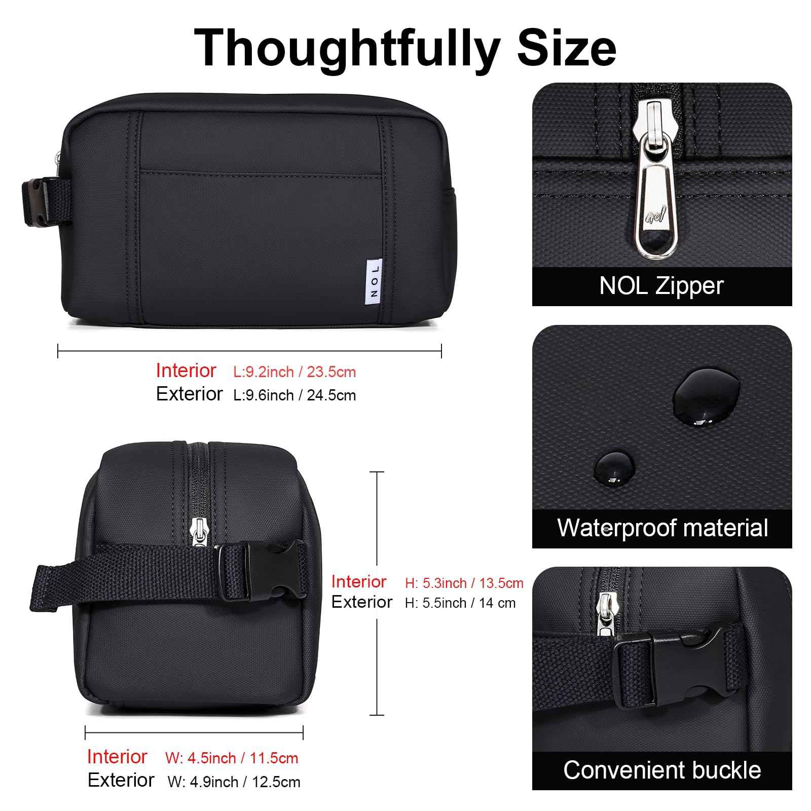 NOL Natural Organic Lifestyle Nylon Makeup Bag Lightweight Travel Toiletry Bag for Adults, Reusable, Zip Closure with Buckle Handle, Snack Bag, Travel Cosmetic Bag, Black
