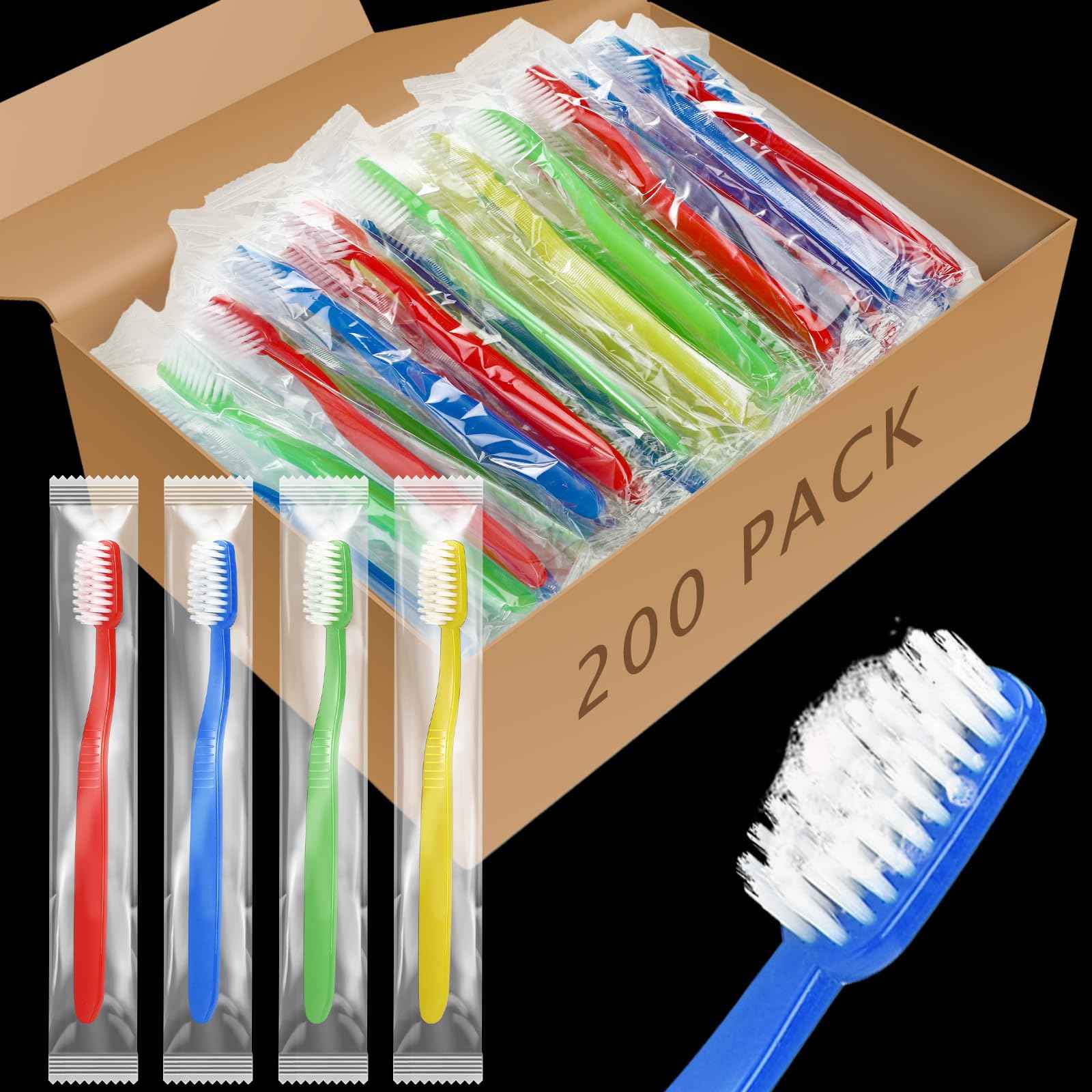 Tioncy 200 Pack Prepasted Disposable Toothbrushes Individual Wrapped Toothbrushes Soft Bristle Travel Toothbrush Single Use Wrapped for Hotel, Camp, Travel and Gift for The Homeless (Dopamine Colors)