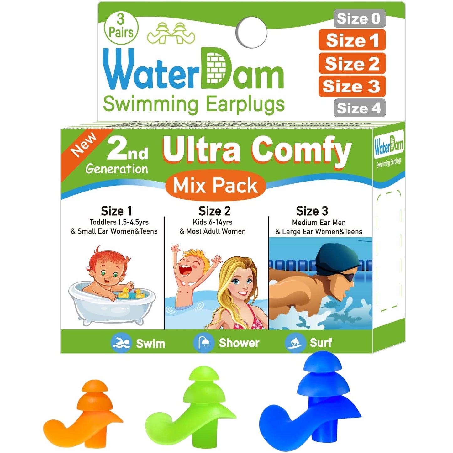 WaterDam Swimming Ear Plugs Great Waterproof Ultra Comfy Earplugs Prevent Swimmer's Ear