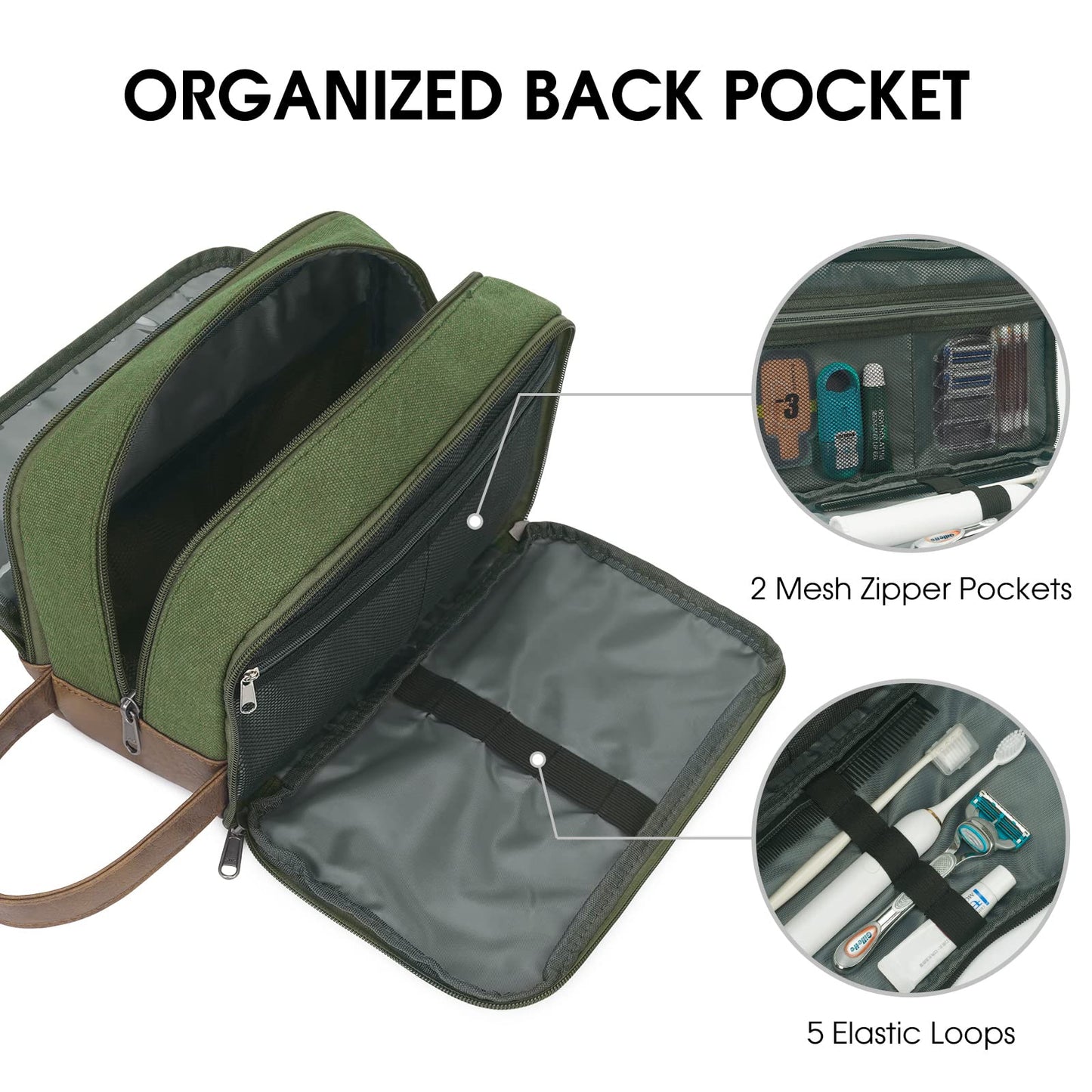 WANDF Travel Toiletry Bag for Men Hanging Dopp Kit Canvas Toiletry Organizer Water-resistant Vegan Leather Shaving Bag with Wet Pocket (Green)