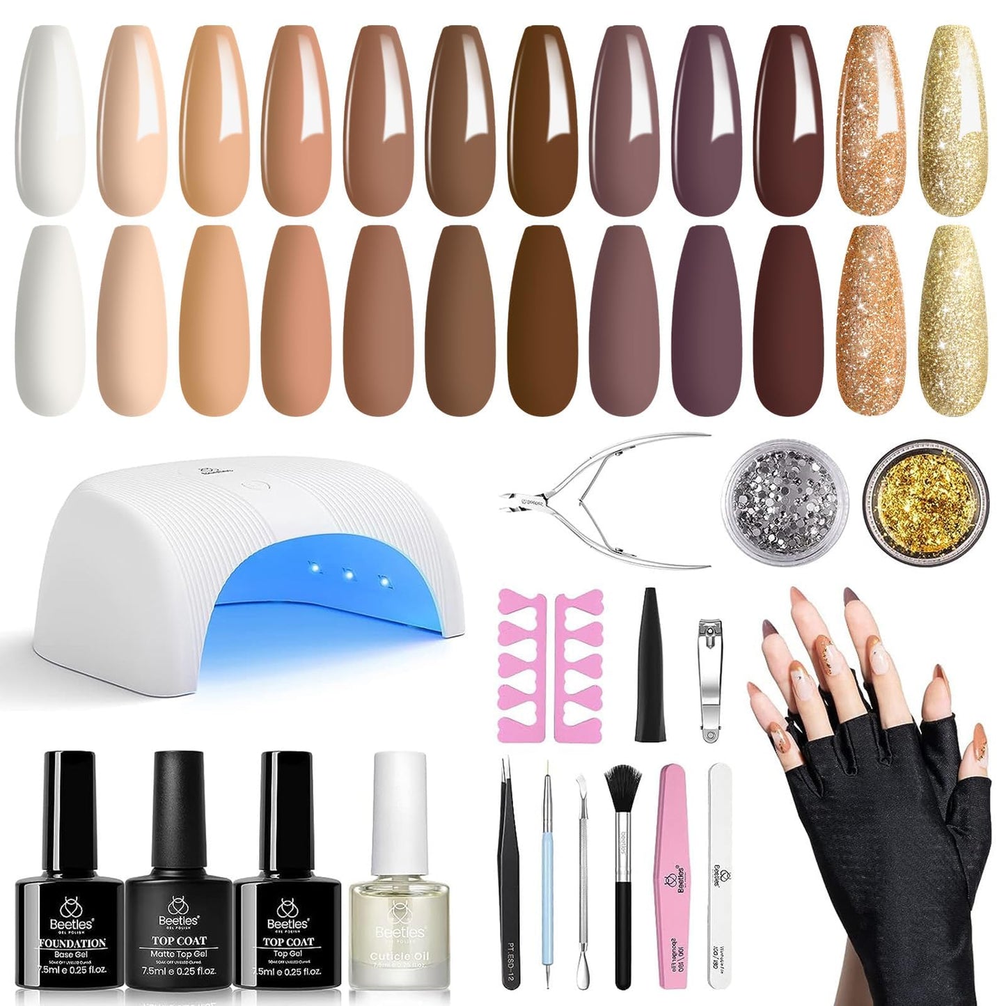 Beetles Gel Nail Polish Kit with U V Light 12 Colors Neutral Nude Brown Gel Polish Starter Kit Fall Gel Nail Polish Set with Base Top Coat Manicure Tools Gift for Women Girls