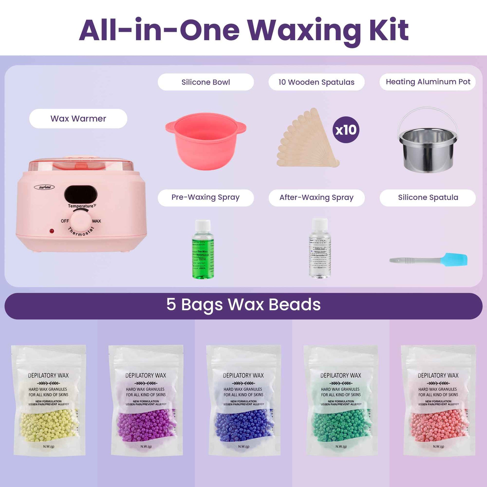 Sunvivi Waxing Kit, Brazilian Wax Warmer for Hair Removal with 5 Bag Hard Wax Beads, Digital Display Melt Warmer Kit for Women Men Full Body, Legs, Face, Bikini,Sensitive skin, Pink
