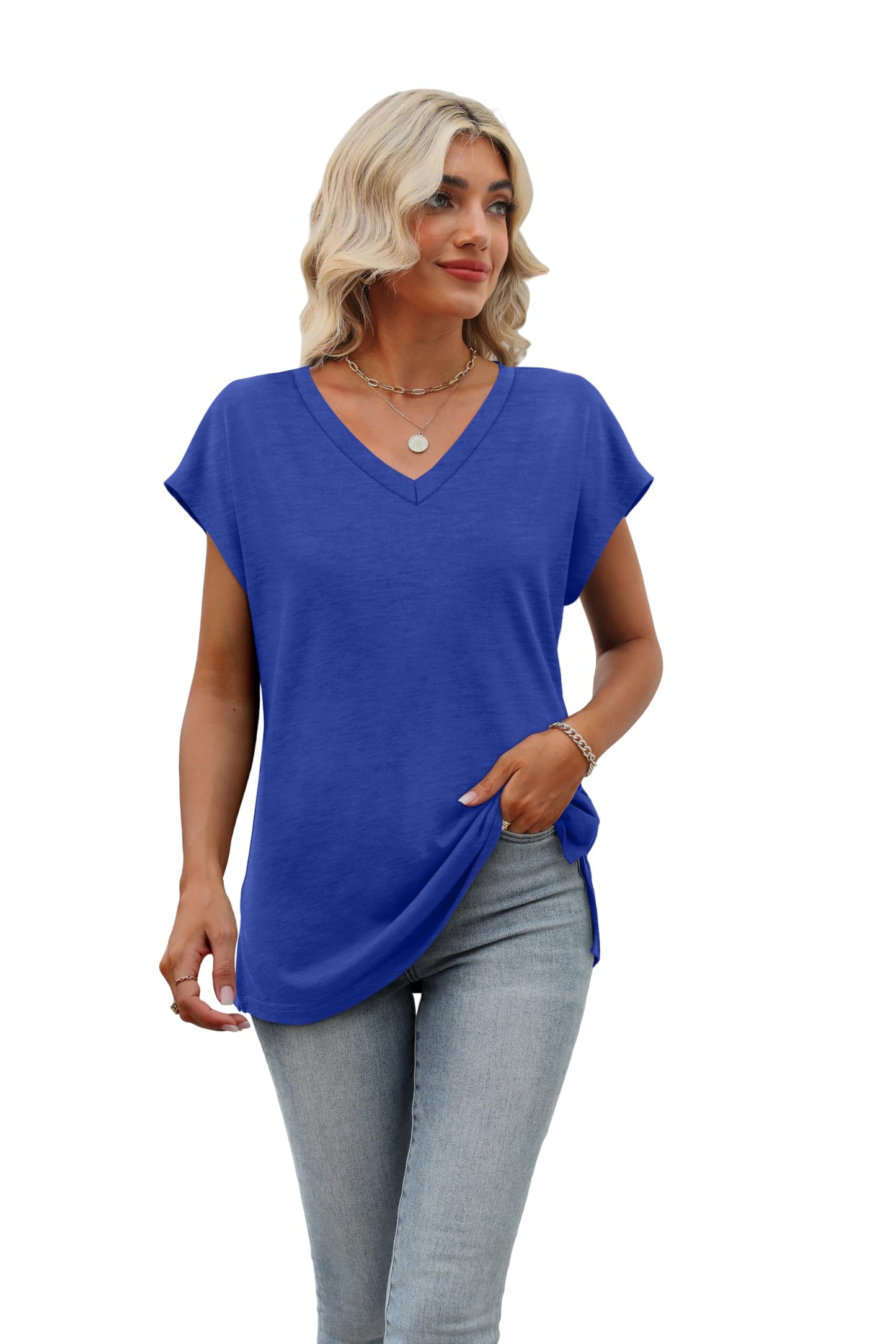 Womens Short Sleeve 2024 Summer Tops Trendy Sleeveless V Neck Loose Fit Shirts Blue S