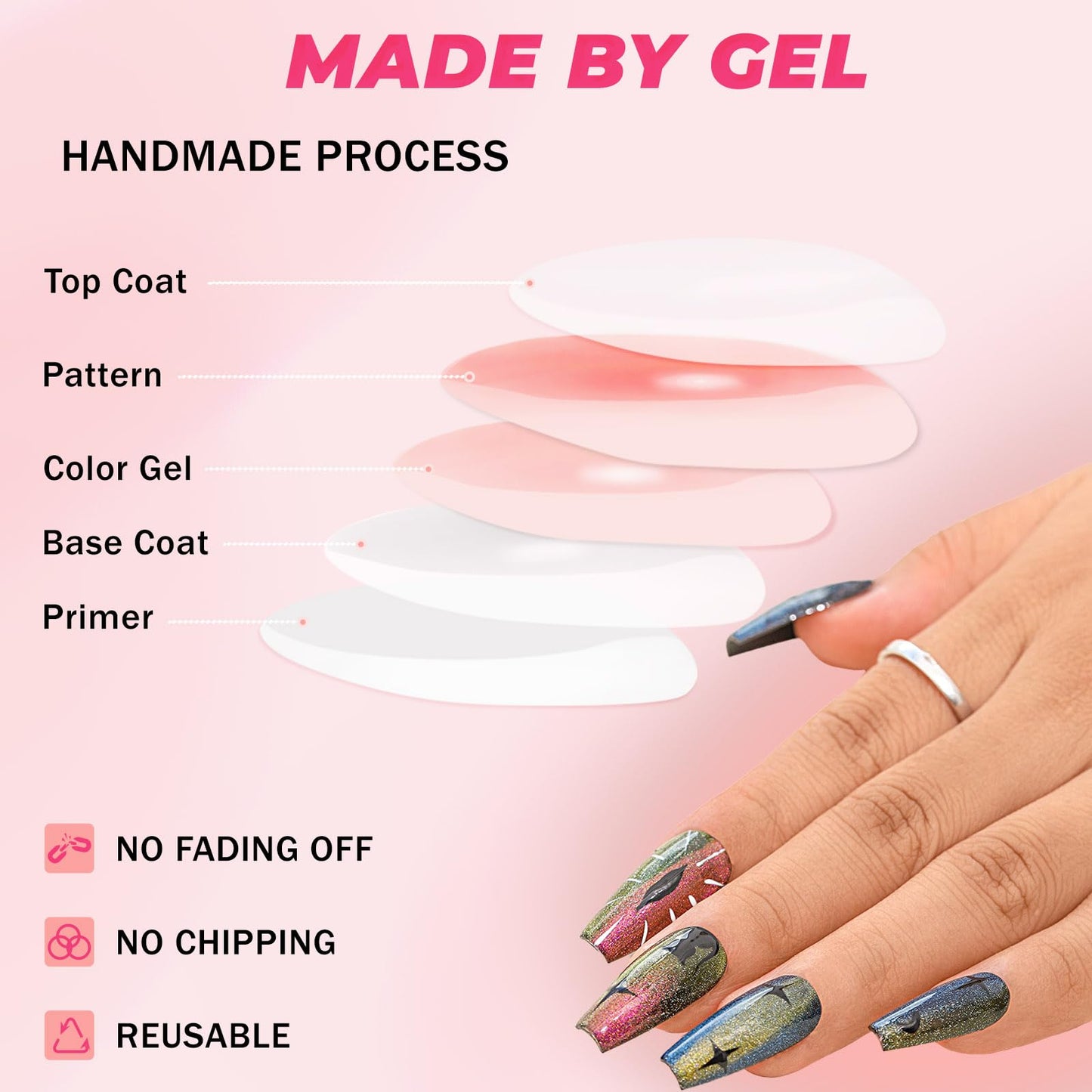 Sethexy French Cat Eye Handmade Press On Nails Pink Gradient Long Coffin Rhinestone Fake Nails Acrylic Salon False Nail for Women and Girls 10PCS (Pink2)