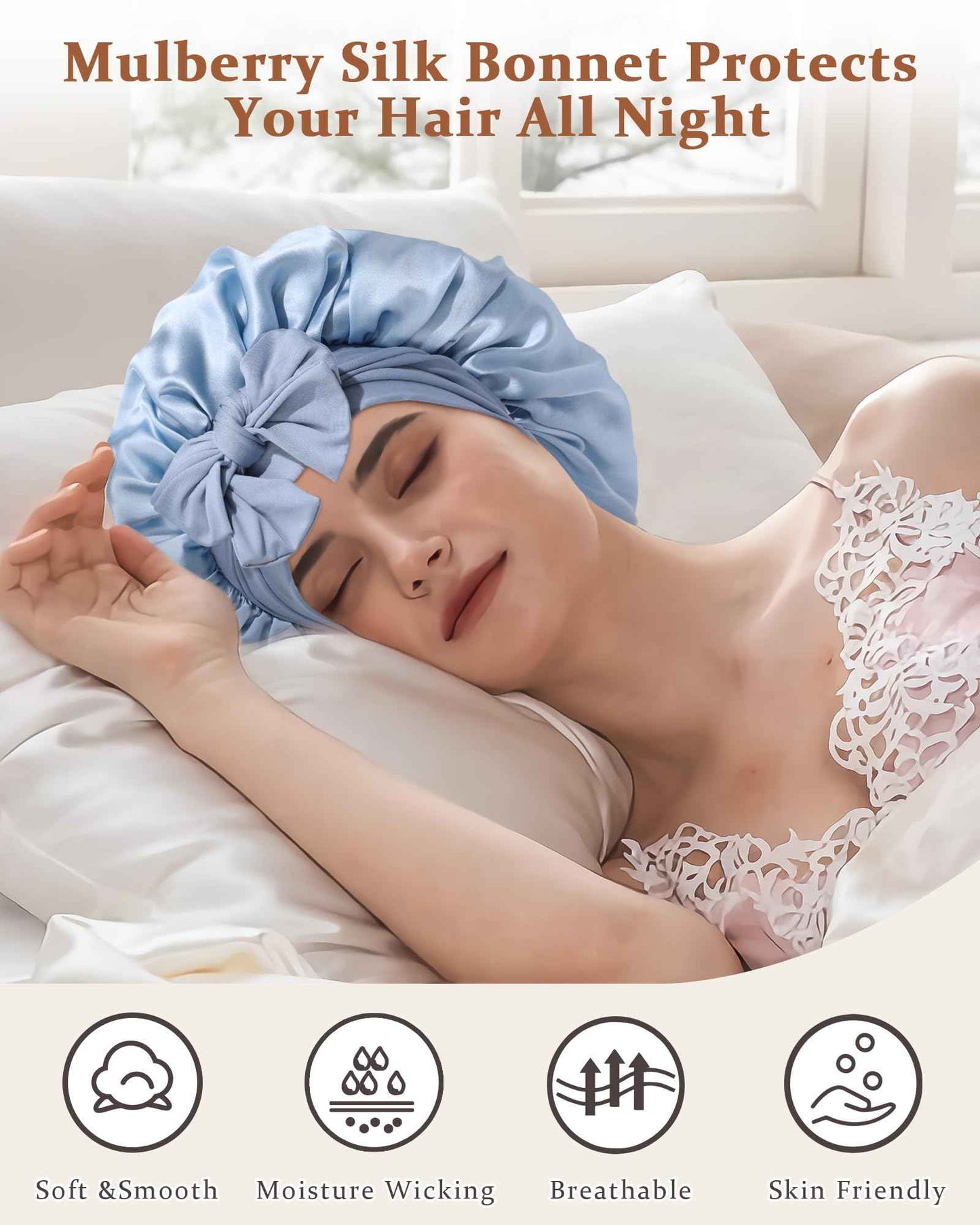 Ufgin 100% Mulberry Silk Bonnet for Sleeping Women Double Layer Silk Hair Bonnet Natural Silk Sleep Cap with Elastic Reversible Hair Wrap (Haze Blue + Sky Blue)