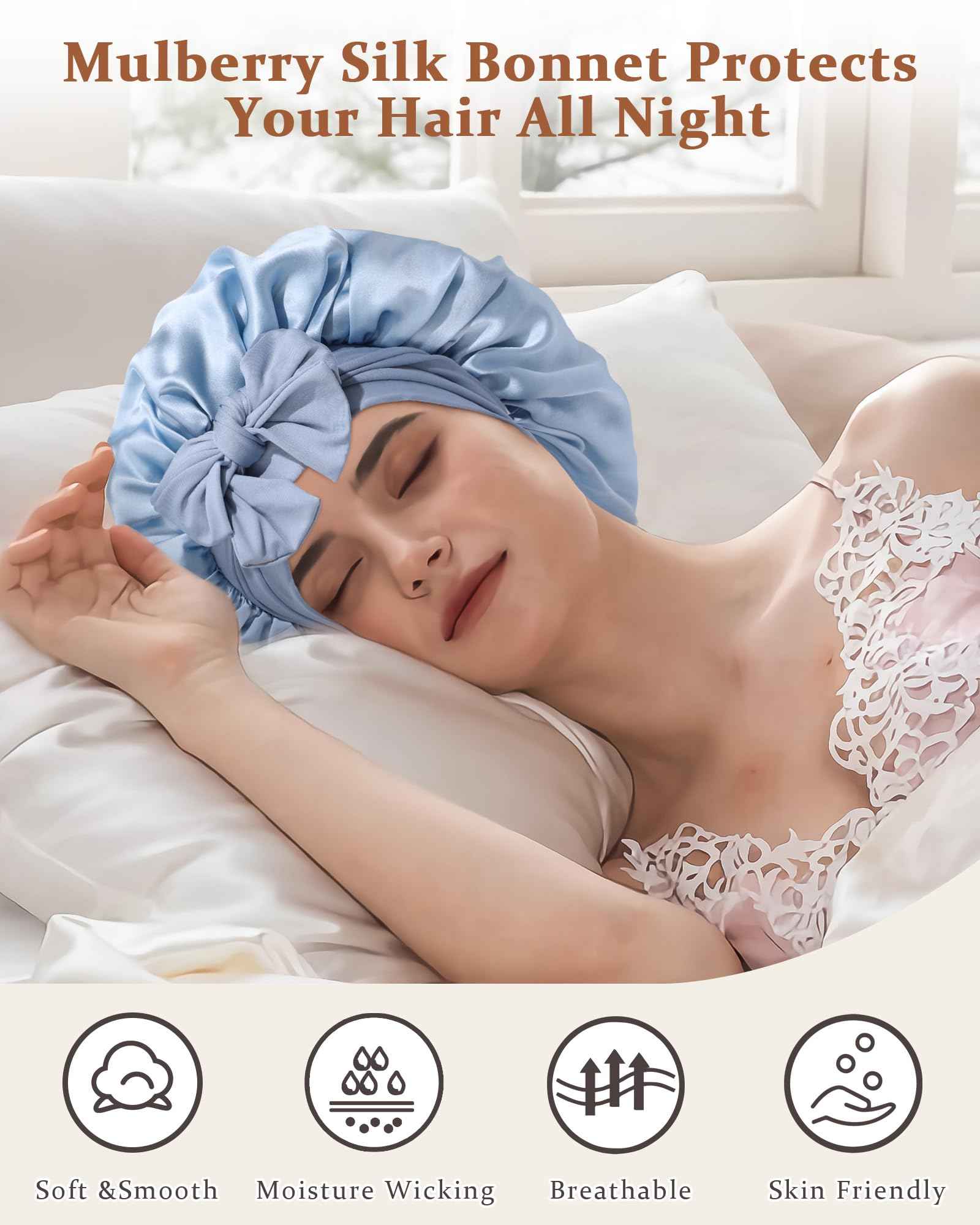 Ufgin 100% Mulberry Silk Bonnet for Sleeping Women Double Layer Silk Hair Bonnet Natural Silk Sleep Cap with Elastic Reversible Hair Wrap (Haze Blue + Sky Blue)