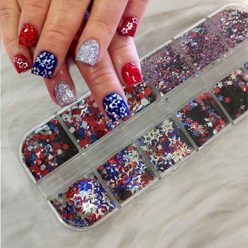 4th of July Nail Art Glitter Powder 3D Holographic Independence Day Nail Art Flakes Sequins Hollow Out Star Hexagon Design American Flag Nail Powder 4th of July Glitter Makeup DIY Manicure Decoration
