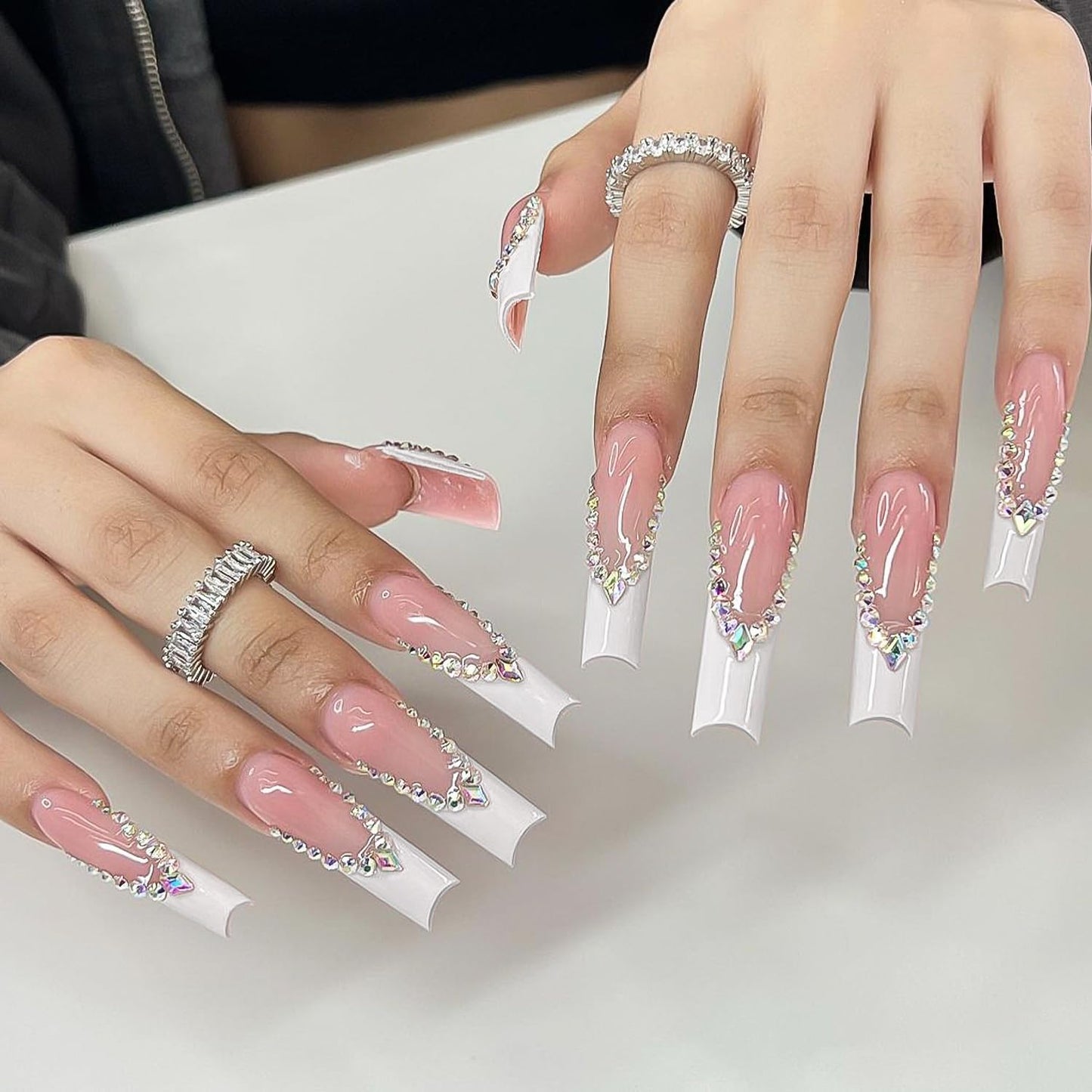 24Pcs Press on Nails Coffin Fake Nails French Tip Fake Nails White Tip False Nails with Rhinestones Designs Nail Decorations Pink Glossy Acrylic Nails Full Cover Manicure Art for Women