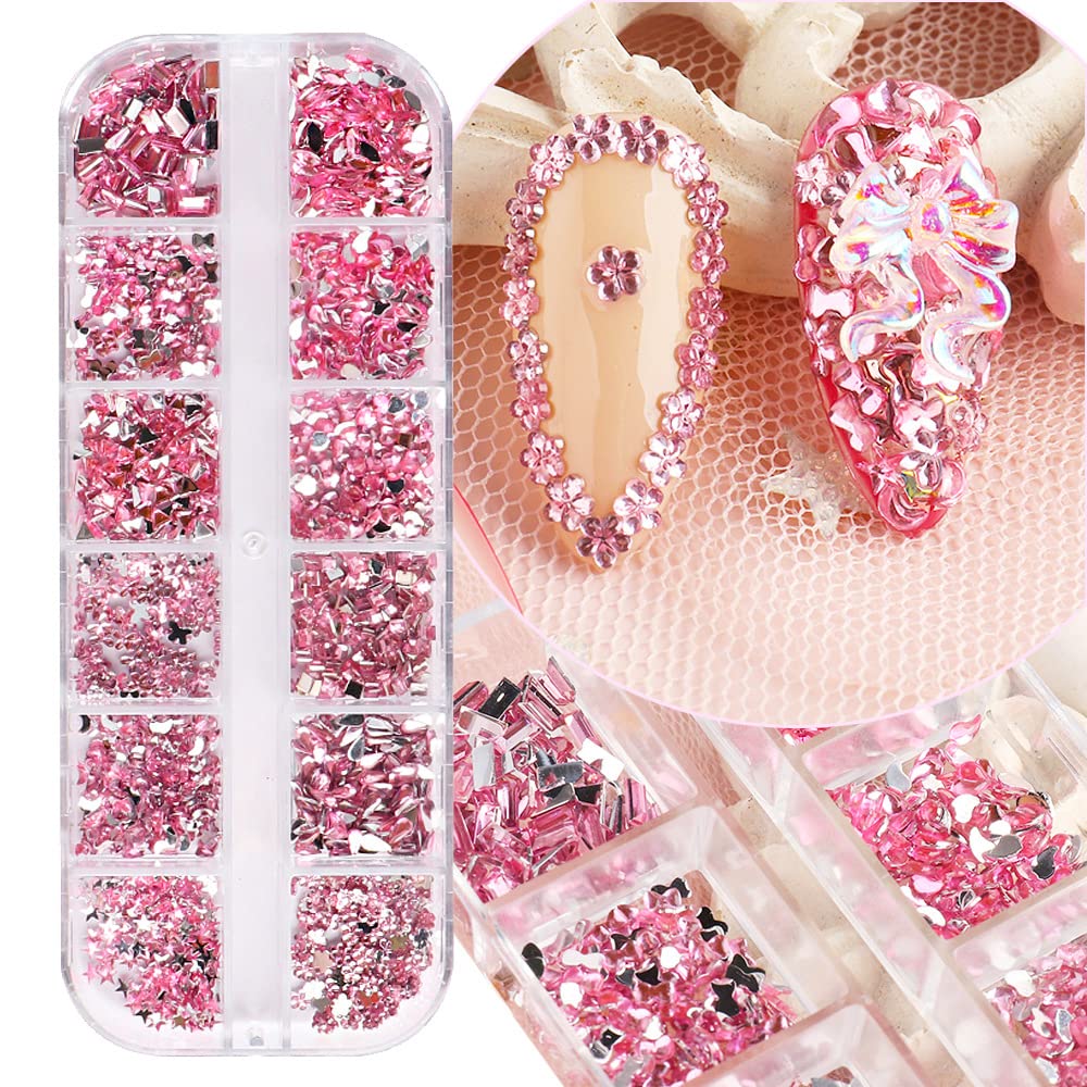 3D Pink Nail Art Rhinestones, Sparkly Nail Gems and Rhinestones Kit, Multi Shapes Crystal Pink Flatback Diamonds Rhinestones for Nails Design, Makeup, DIY Crafts, Jewels