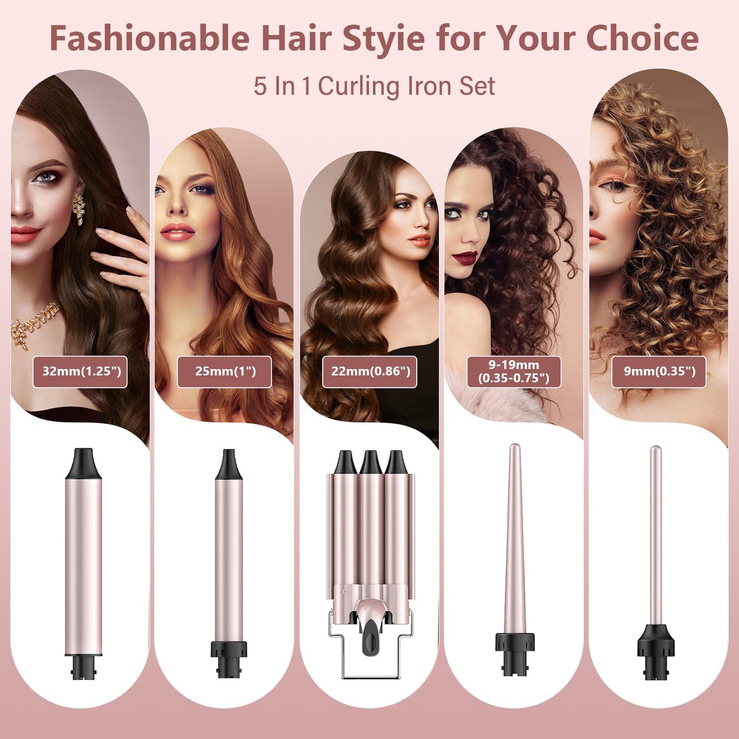 Waver Curling Iron Wand, LAYADO 5 in 1 Curling Iron Set, Curling Wand with 3 Barrel Curling Iron and 4 Interchangeable Ceramic Hair Wand 0.35"-1.25", Fast Heating Hair Curler in All Hair Type