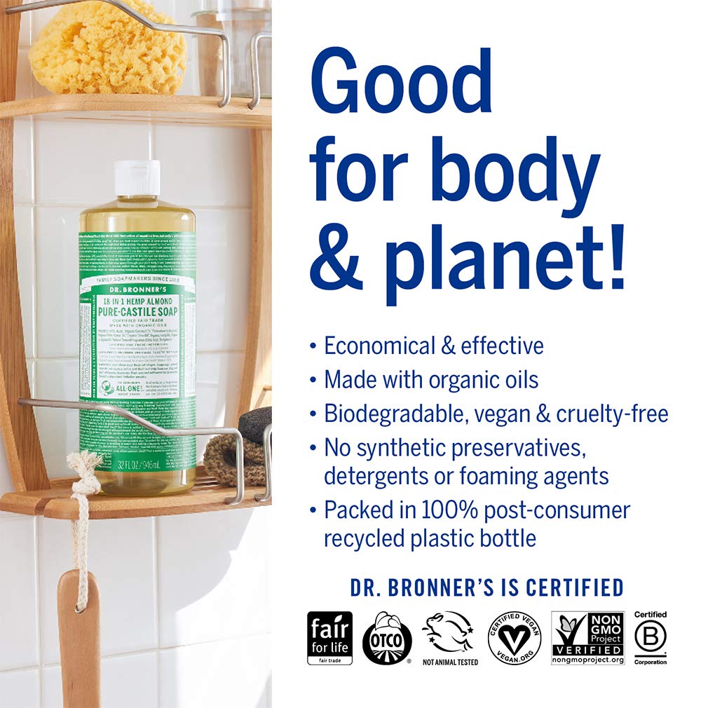 Dr. Bronner's - Pure-Castile Liquid Soap (Almond, 16 ounce, 2-Pack) - Made with Organic Oils, 18-in-1 Uses: Face, Body, Hair, Laundry, Pets and Dishes, Concentrated, Vegan, Non-GMO