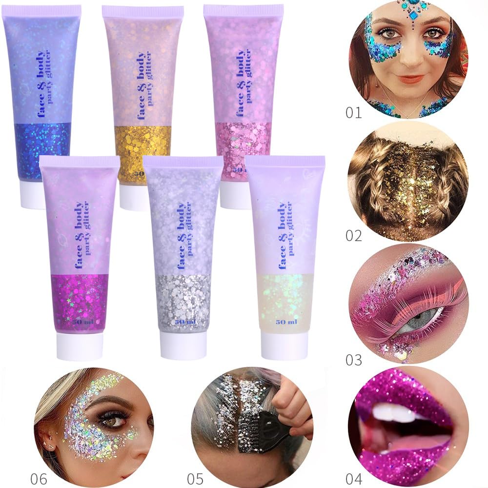 3 Pack Face glitter, Perfect Body Glitter for Concert Outfit Makeup and Party Festival Rave Highlighter Makeup. (02-Gold & 03-Pink & 06-White Moonbeam)