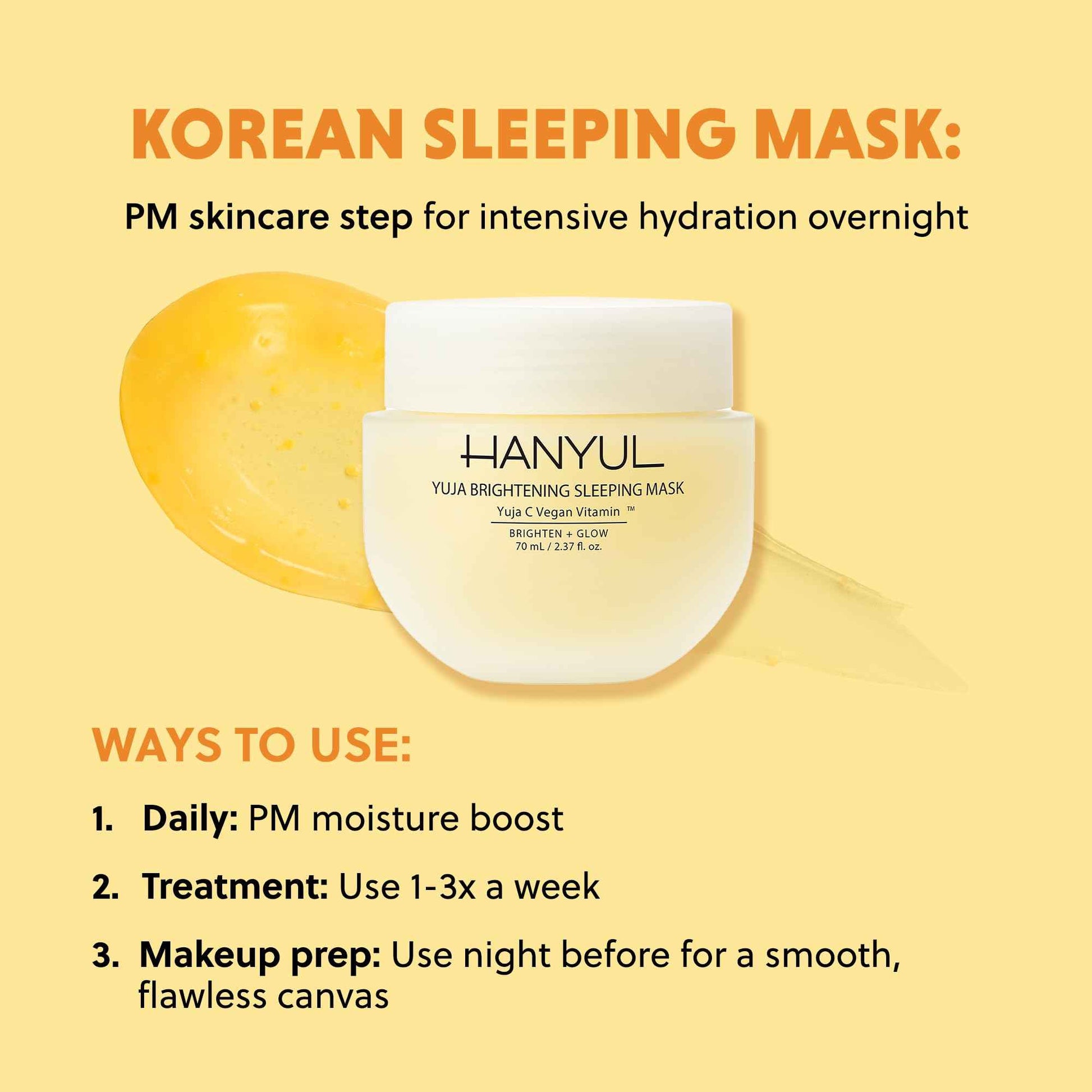Hanyul Yuja Sleeping Mask | Korean Yuzu Night Cream, Vitamin C for Glow, Radiance, Brightening, Vegan Hydrating Overnight Moisturizer with Hyaluronic Acid, Niacinamide & Antioxidants 2.37 fl. oz.