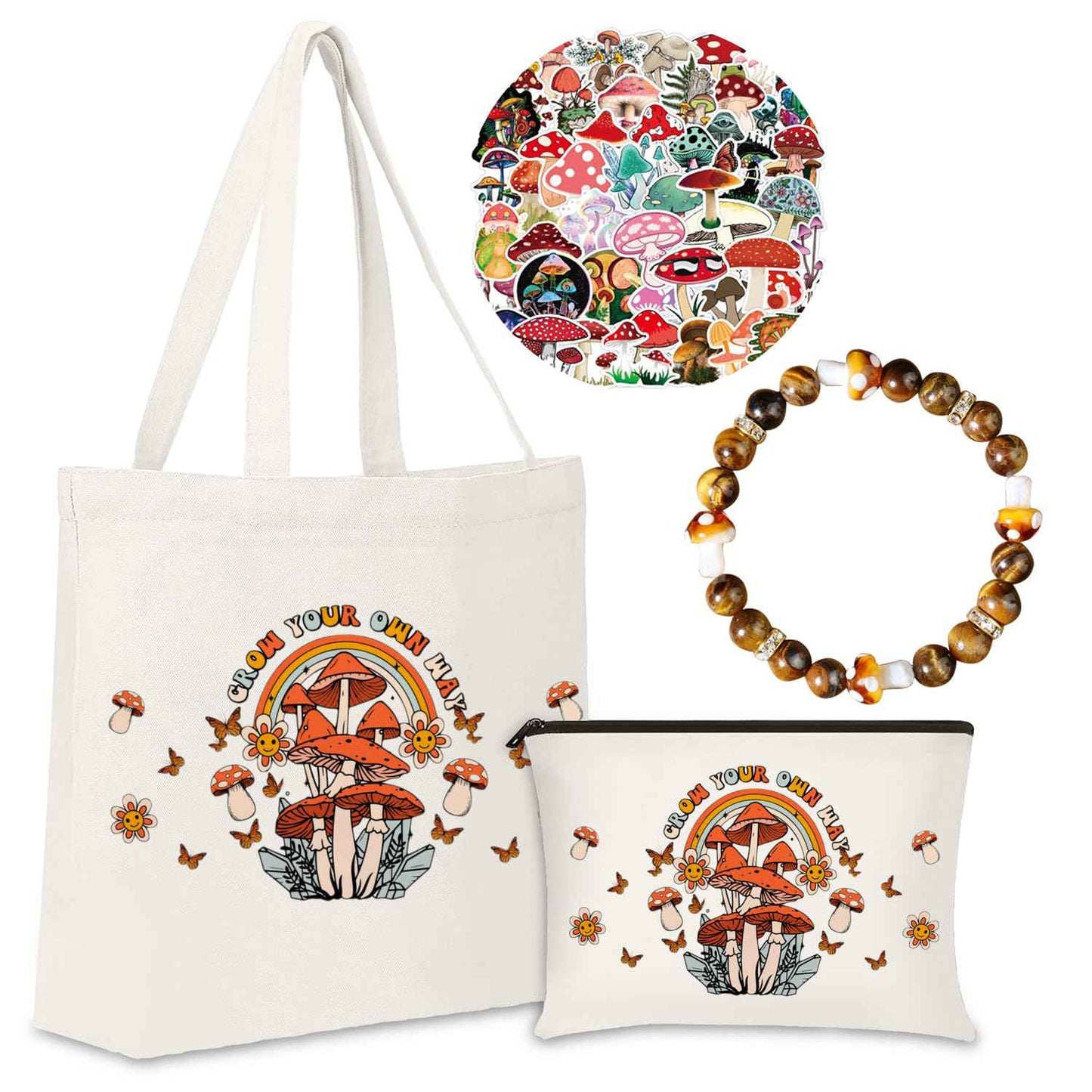 FJHAIY Mushroom Cosmetic Bag & Bracelets Gift Set - 50PCS Mushroom Stickers - Perfect for Women, Travel & Cosmetic Storage