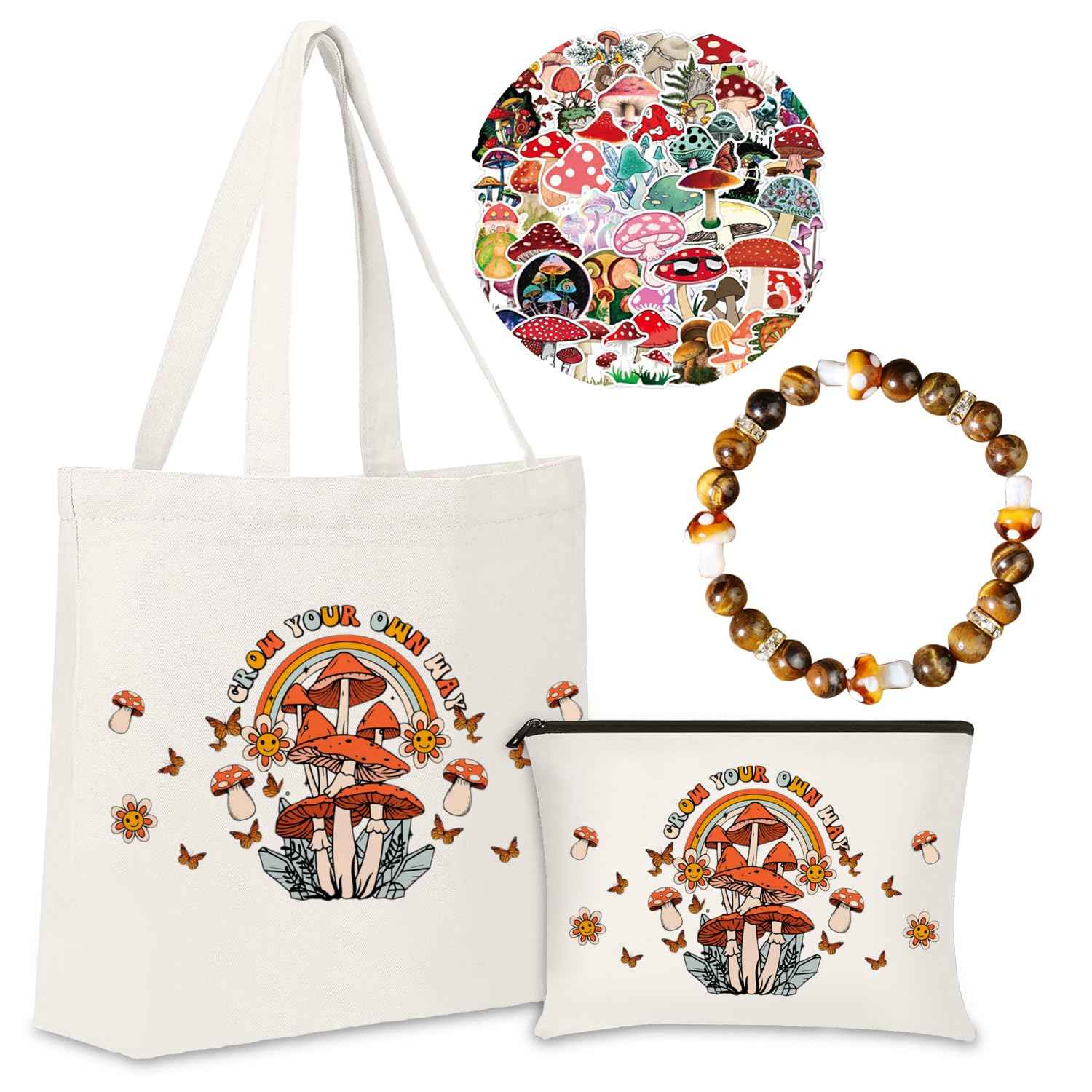 FJHAIY Mushroom Cosmetic Bag & Bracelets Gift Set - 50PCS Mushroom Stickers - Perfect for Women, Travel & Cosmetic Storage