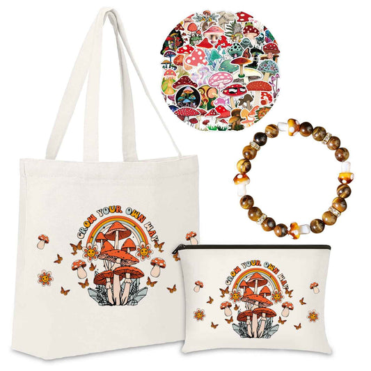 FJHAIY Mushroom Cosmetic Bag & Bracelets Gift Set - 50PCS Mushroom Stickers - Perfect for Women, Travel & Cosmetic Storage