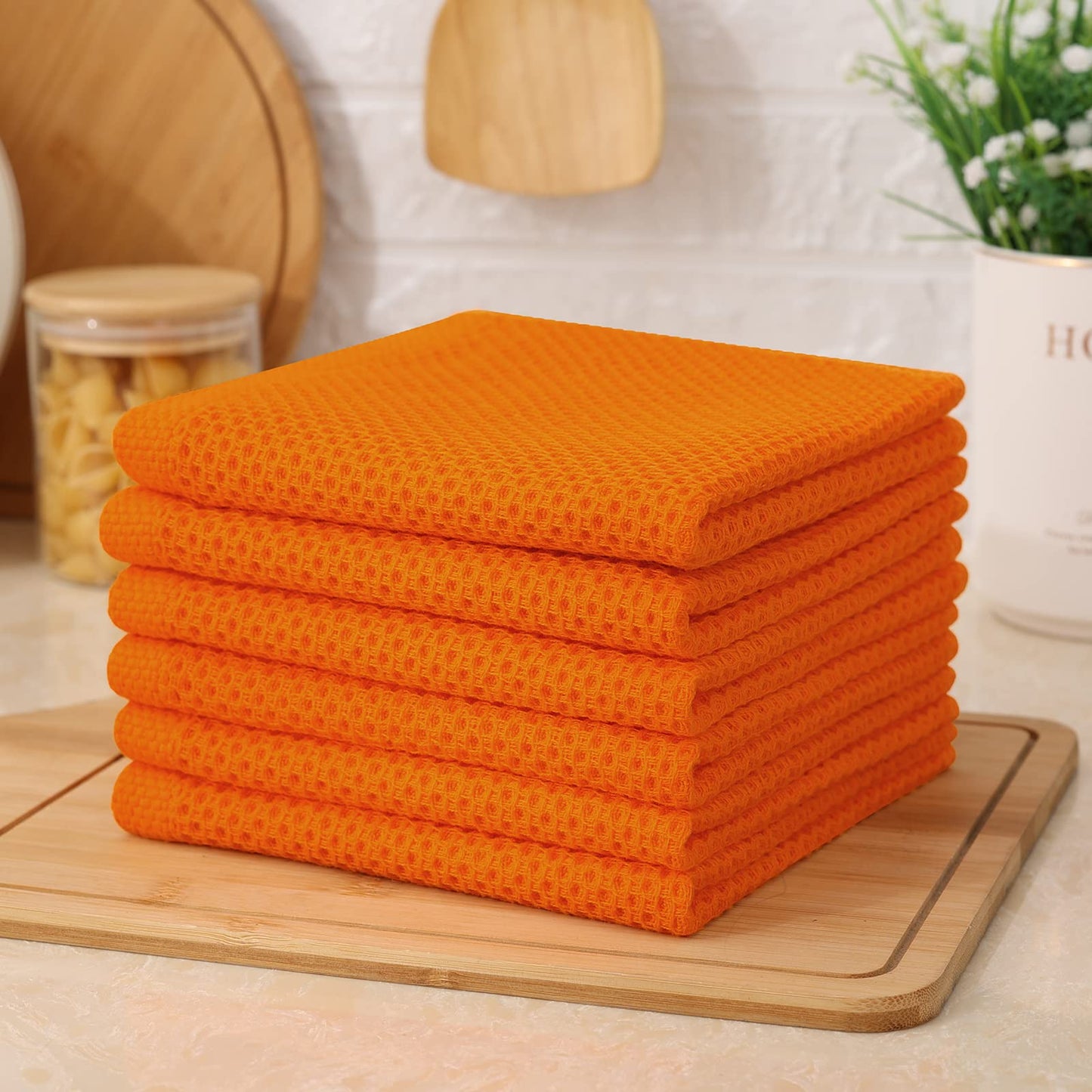 Kitinjoy 100% Cotton Kitchen Dish Cloths, 6 Pack Waffle Weave Ultra Soft Absorbent Dish Towels for Drying Dishes Quick Drying Kitchen Towels Dish Rags, 12 X 12 Inches, Orange