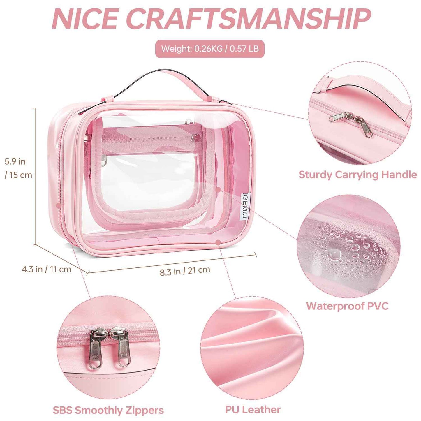 GEMIU Clear Makeup Bag Toiletry Bag for Women 4 Compartments Travel Cosmetic Case Large Capacity Waterproof Skincare Pouch Organizers with Zippe Deep Pink