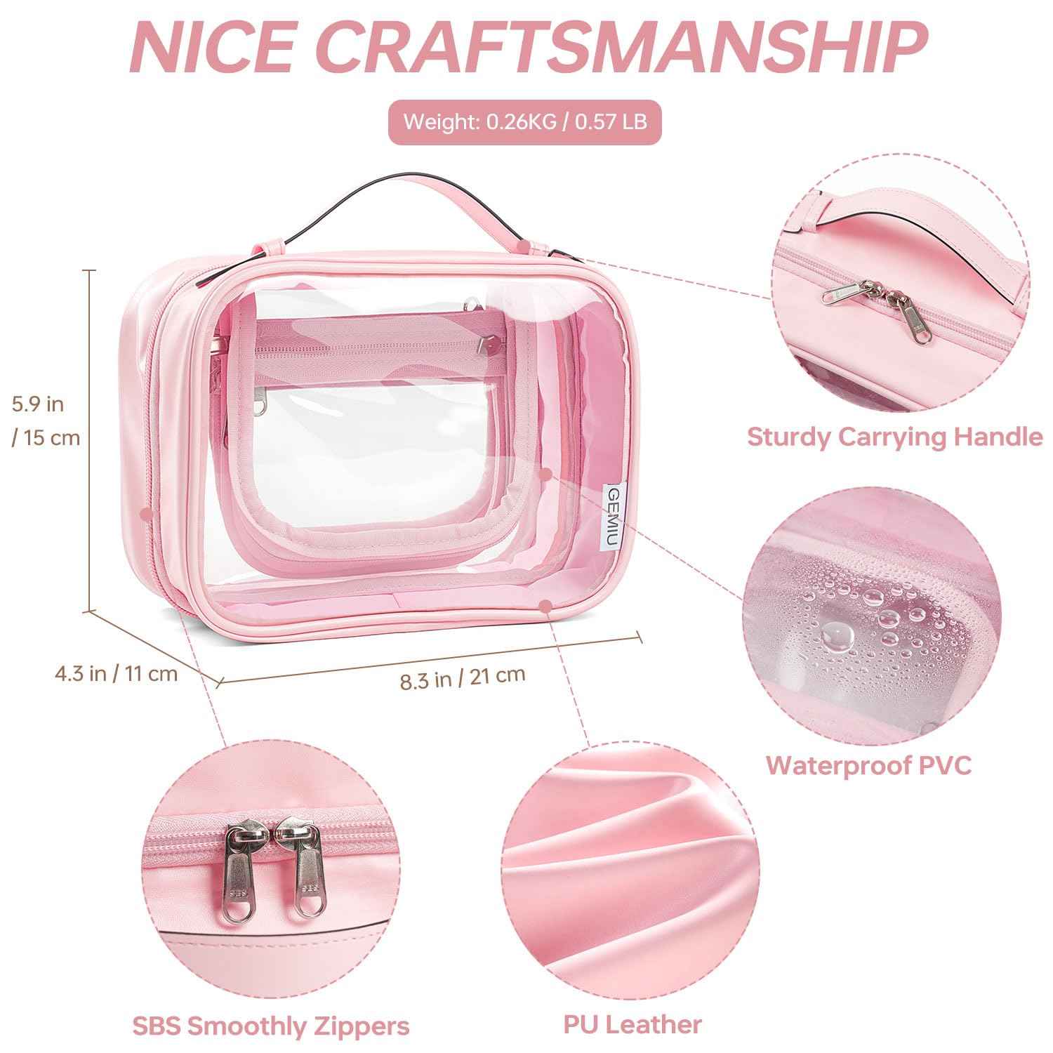 GEMIU Clear Makeup Bag Toiletry Bag for Women 4 Compartments Travel Cosmetic Case Large Capacity Waterproof Skincare Pouch Organizers with Zippe Deep Pink